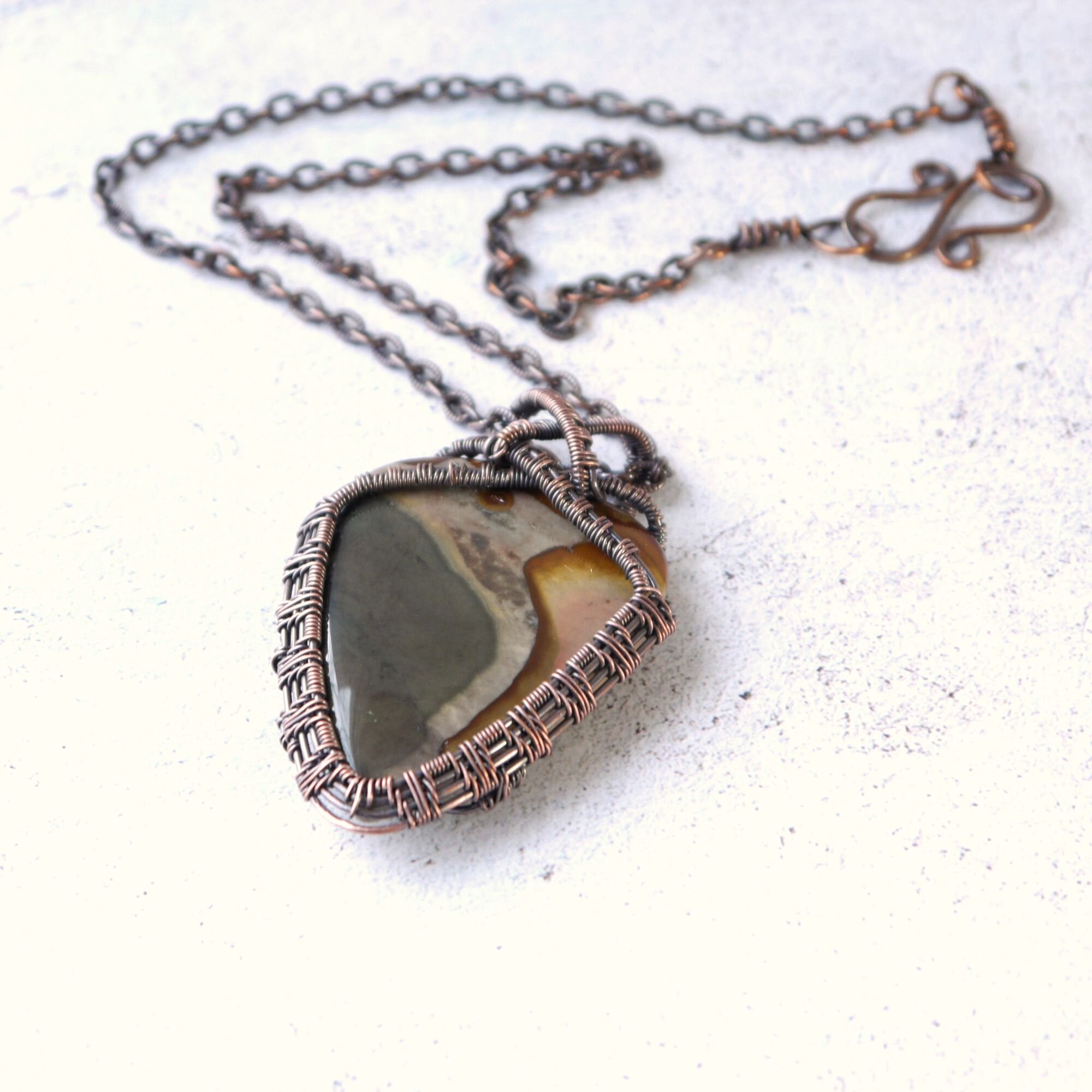 Polychrome Desert Jasper Copper Wire Woven Pendant Necklace