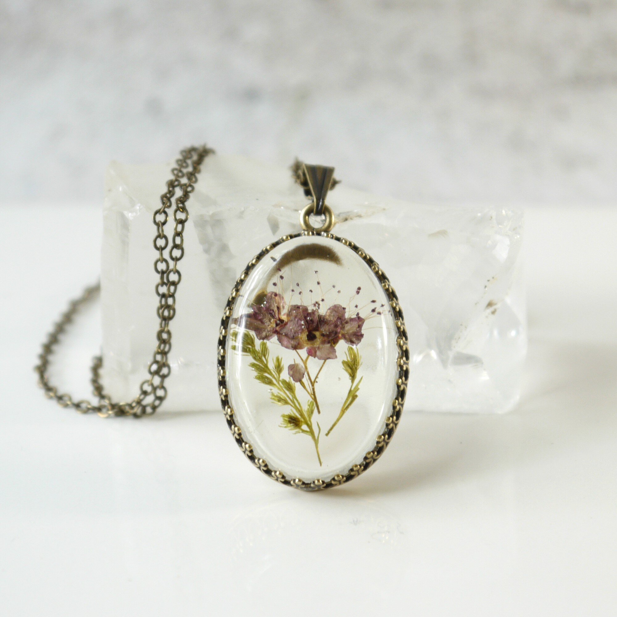 Handmade real pressed flower with Crystal rings necklace