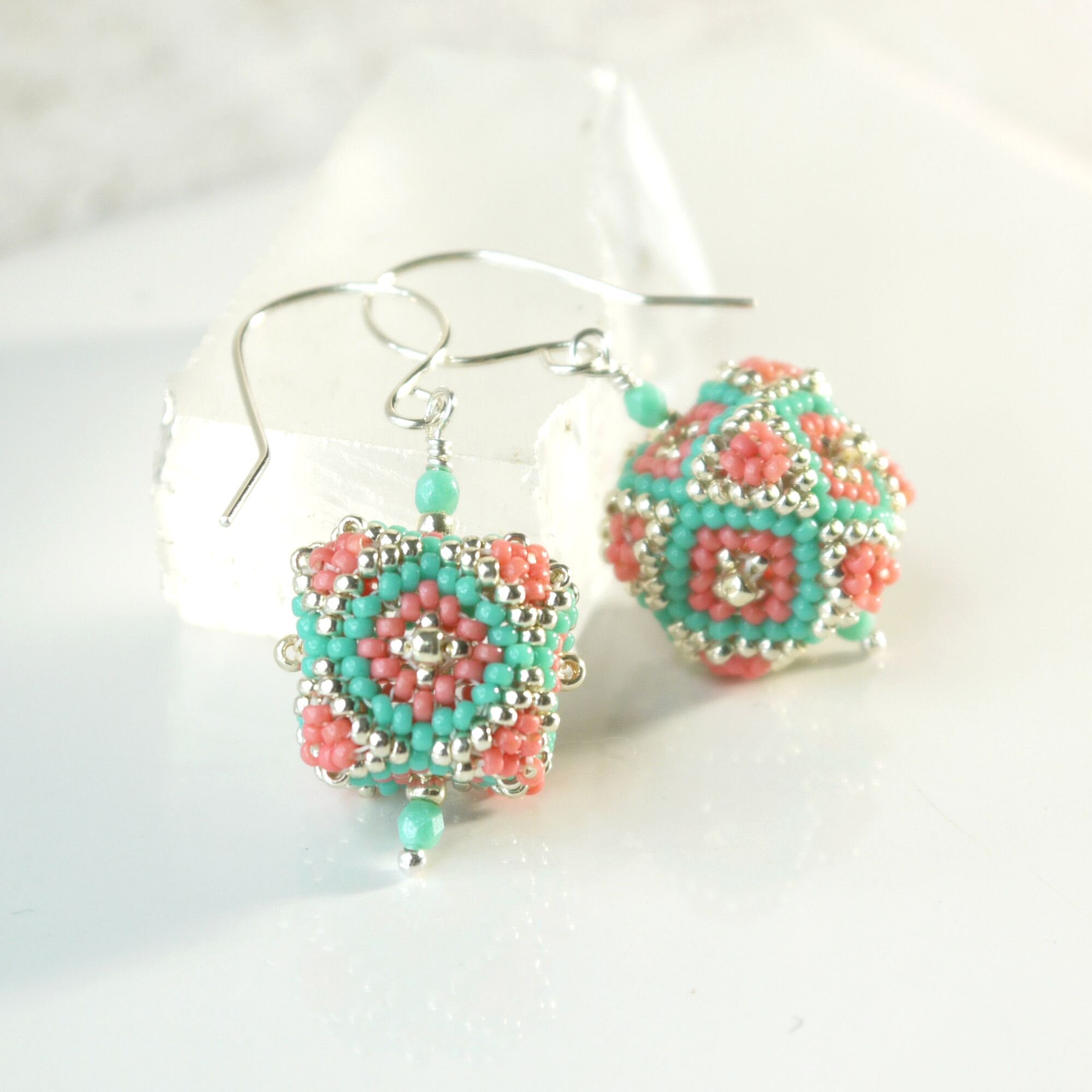 Turquoise &amp; Coral Pink Southwestern Beadwoven Glass Cube Earrings