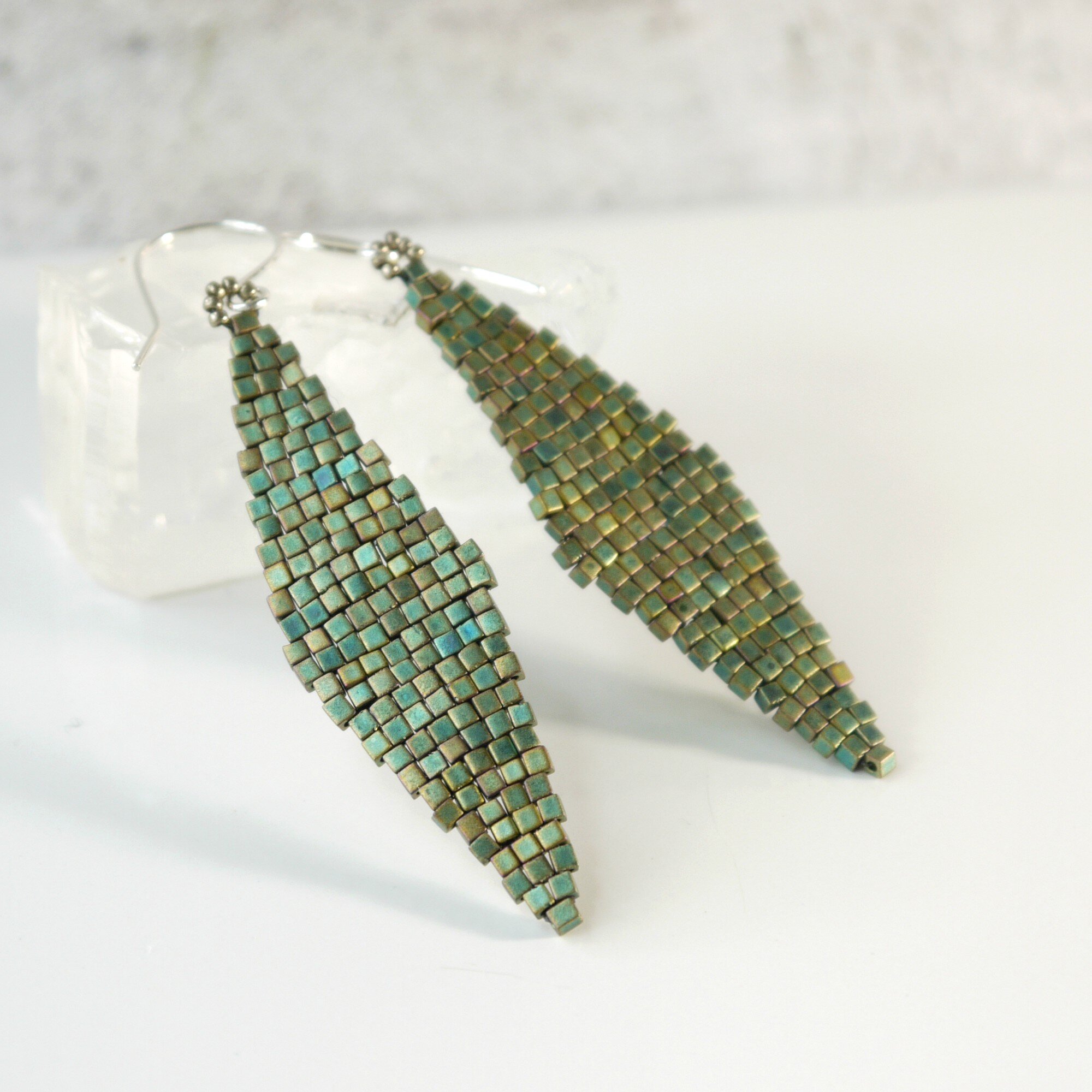 Metallic Green Glass Diamond Beaded Earrings