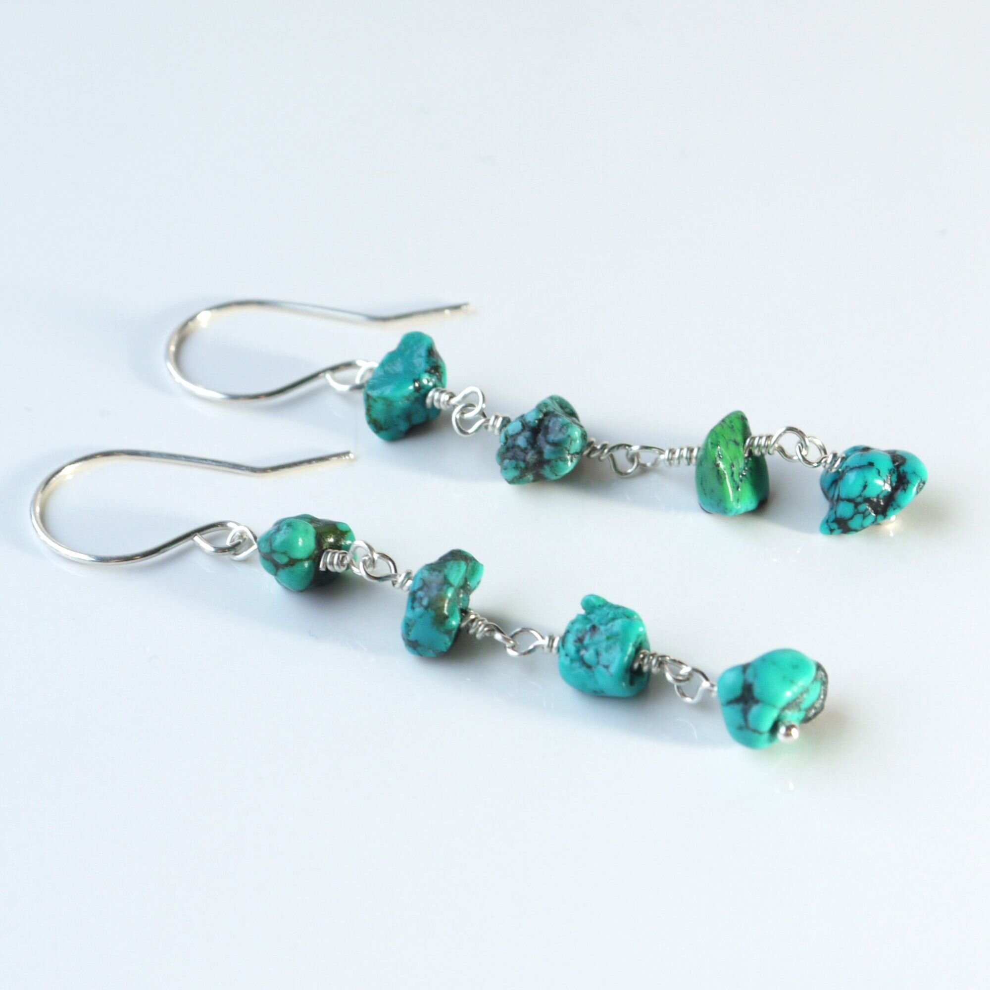 Sterling Long Dangle Turquoise Chip Earrings