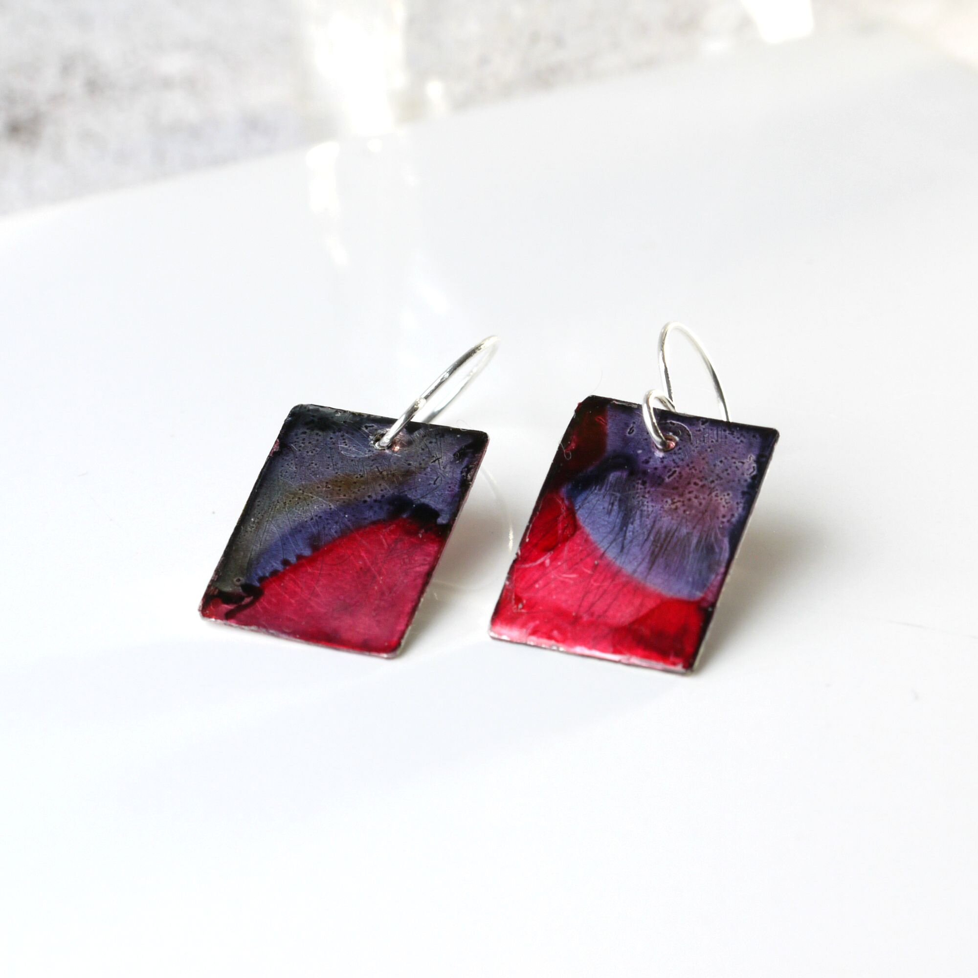 Red &amp; Purple Alcohol Ink Metal Dangle Earrings