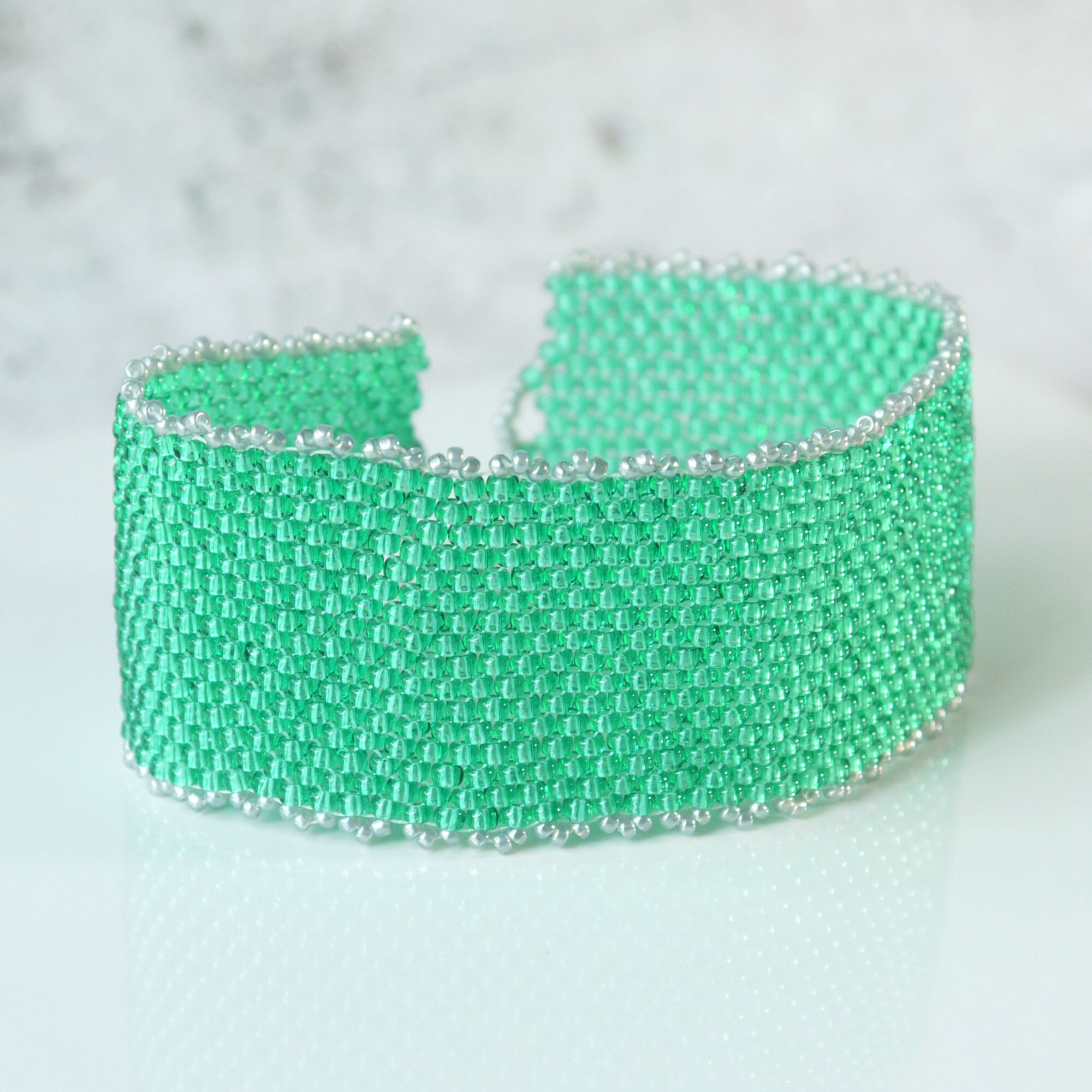 Brown and Green Geometric Seed Bead Cuff Bracelet Iris Elm Jewelry