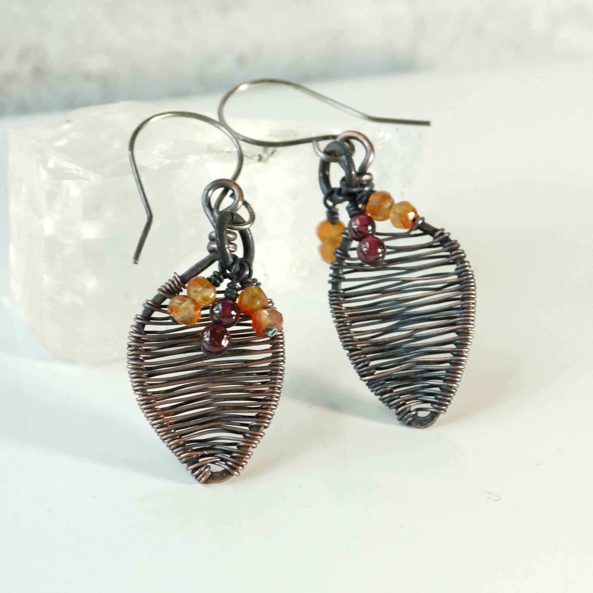 Garnet &amp; Carnelian Copper Wire Wrapped Leaf Earrings