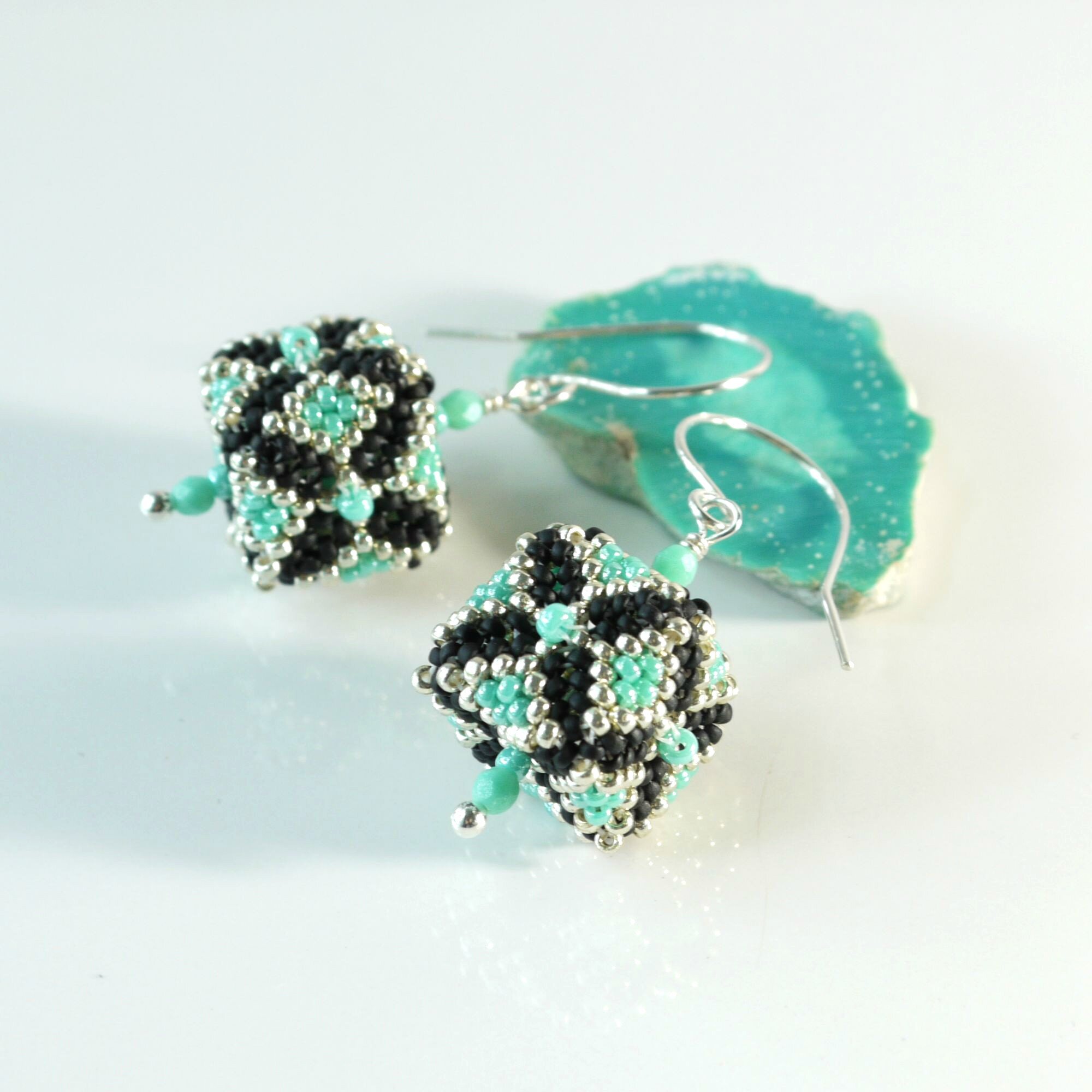 Turquoise Blue &amp; Black Glass Beaded Cube Earrings