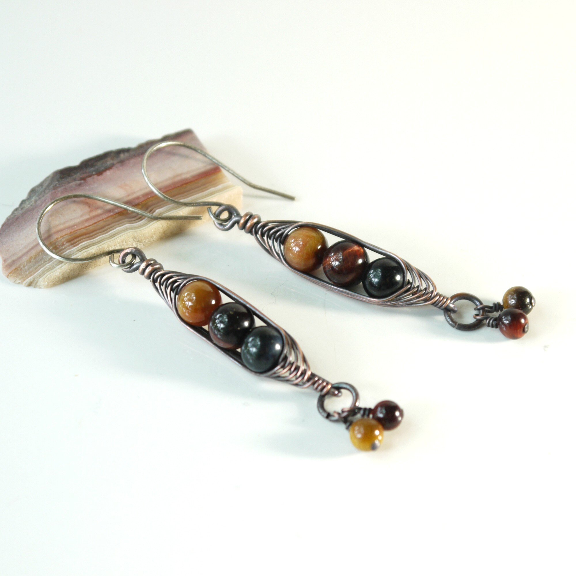 Tiger Eye Antiqued Copper Herringbone Dangle Earrings