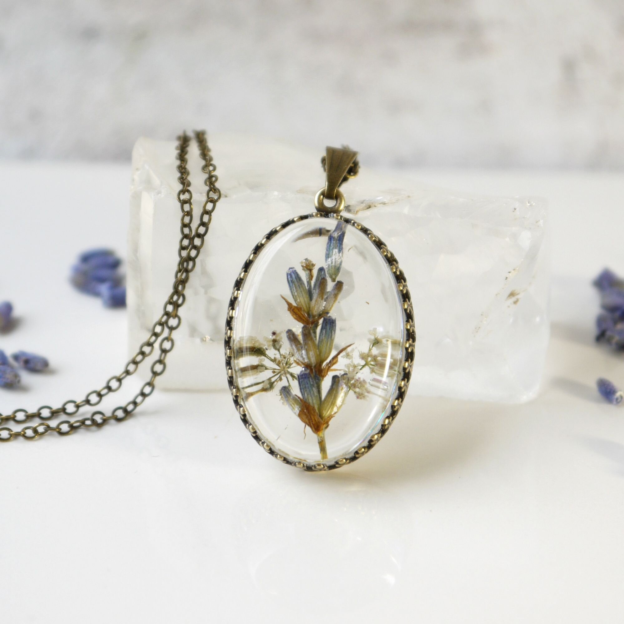 Lavender Flower Resin Pendant Necklace