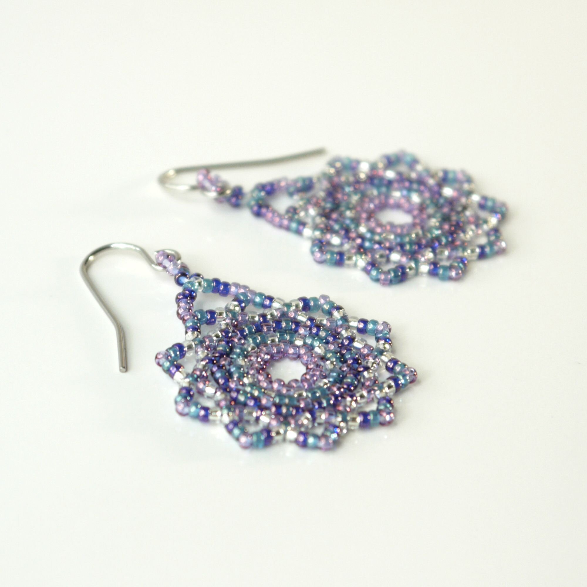 Small Purple &amp; Blue Beaded Mandala Earrings