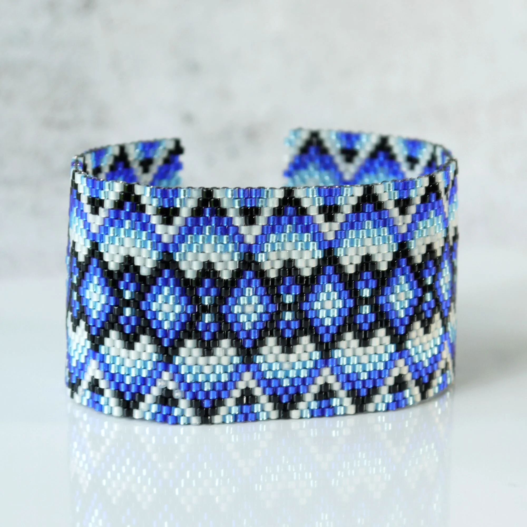 Brown and Green Geometric Seed Bead Cuff Bracelet Iris Elm Jewelry