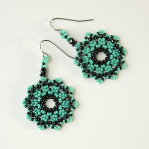 Turquoise blue seed beaded mandala earrings boho ethnic style silver hoop beaded bold statement jewelry gift for women and girls