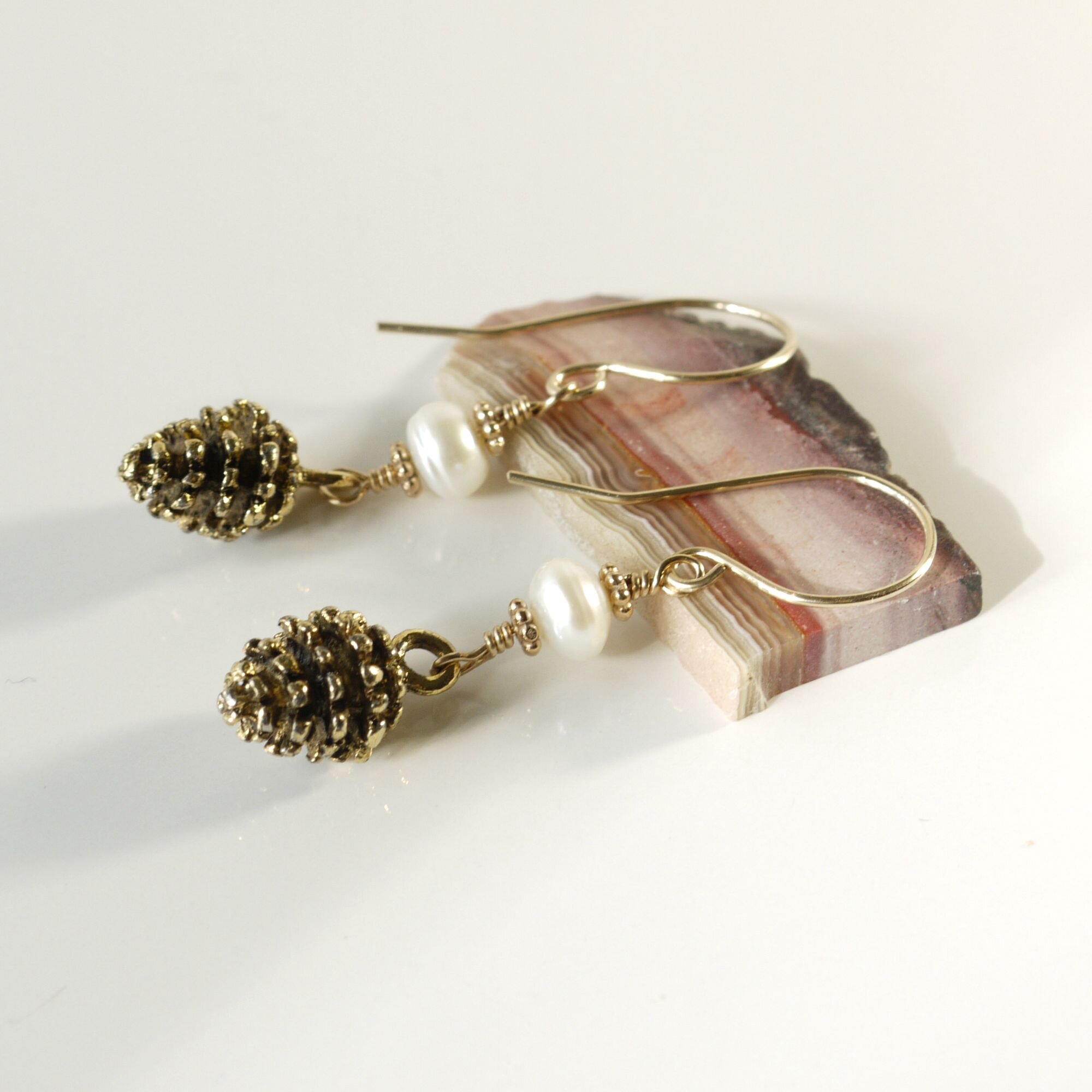 Freshwater Pearl and Pinecone Goldfilled Dangle Earrings