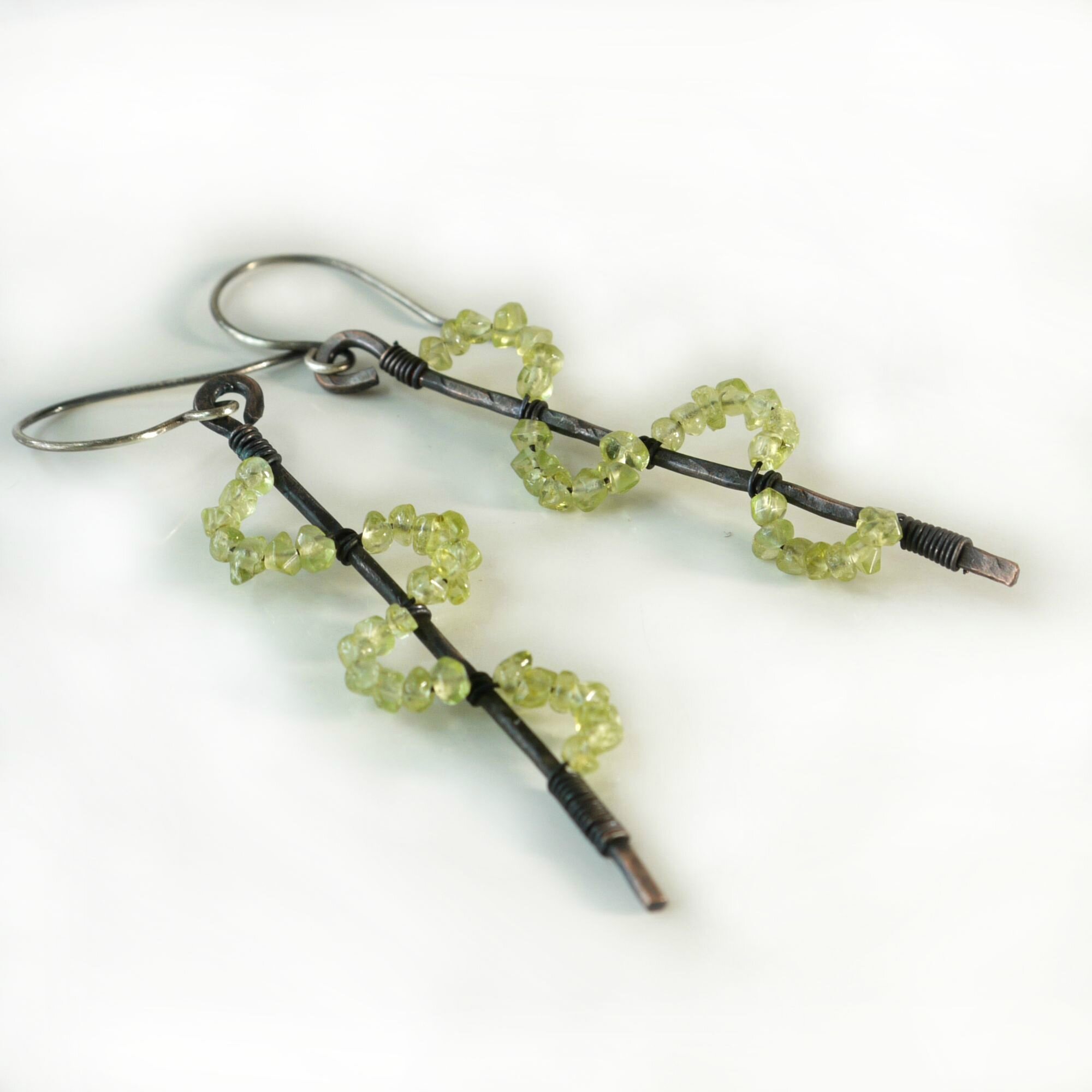 Green Peridot Oxidized Copper Wire Stick Earrings