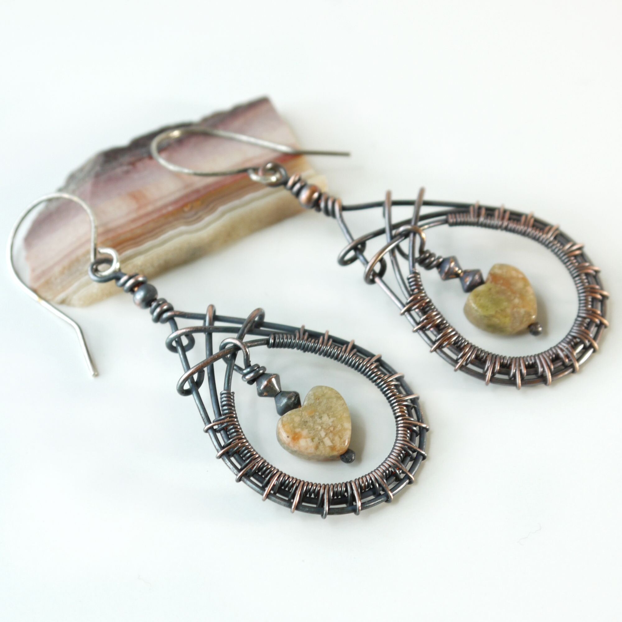 Wire Wrapped Natural Gemstone Handmade Jewelry for Women Rose Gold Autumn Jasper Drop Earrings