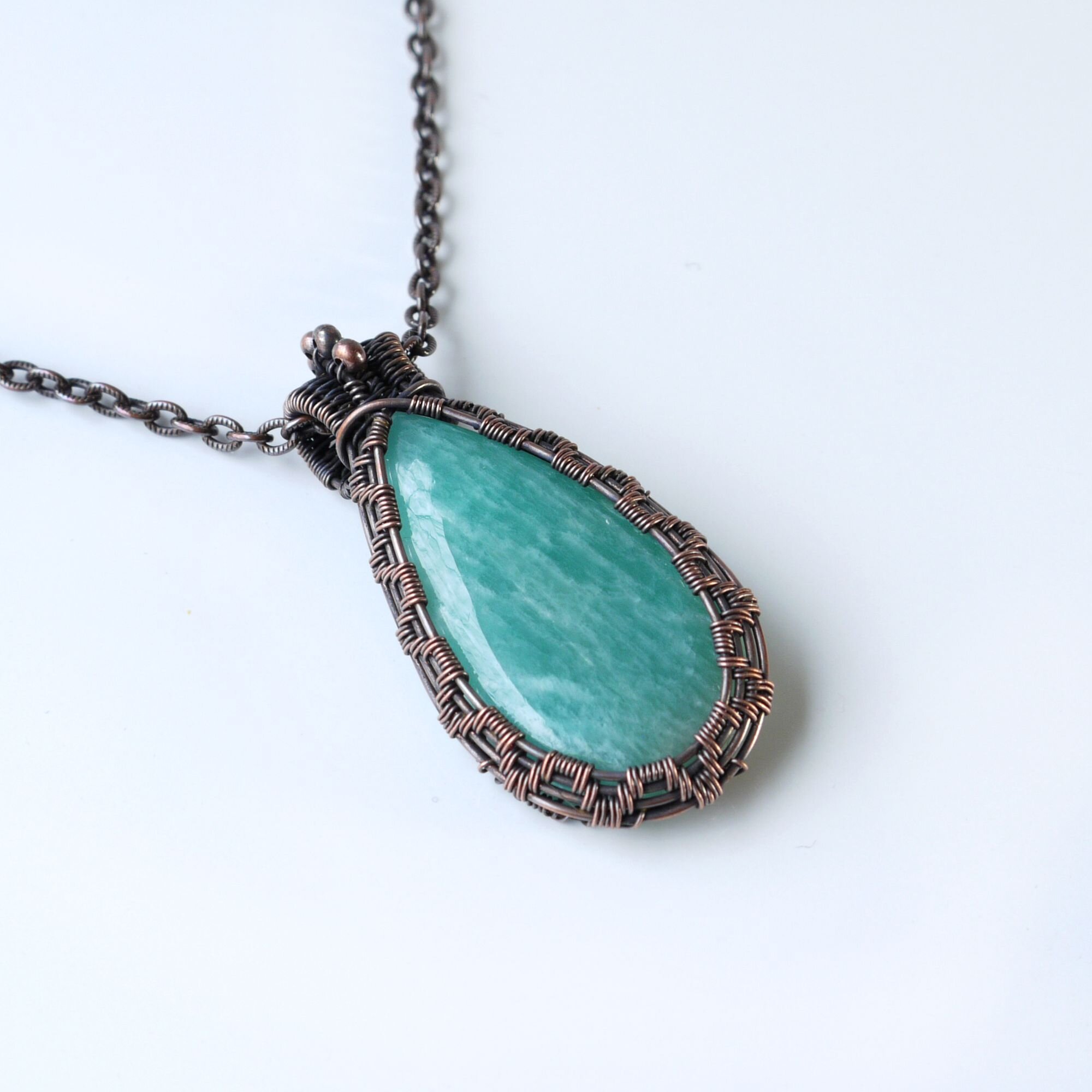 Blue Amazonite Teardrop Gemstone Copper Wire Woven Pendant Necklace