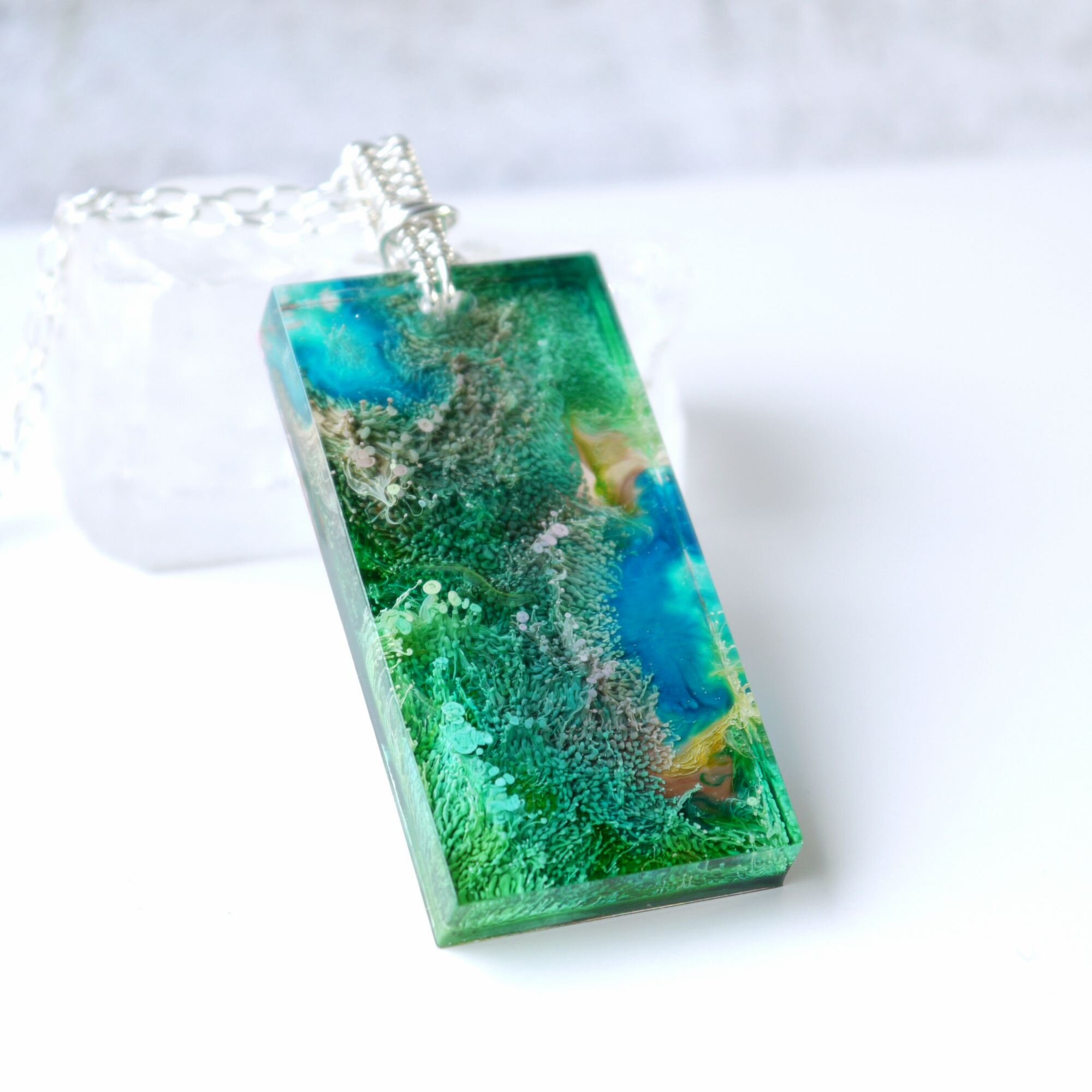 Unique Sterling Silver Resin Alcohol Ink Statement Pendant Necklace 