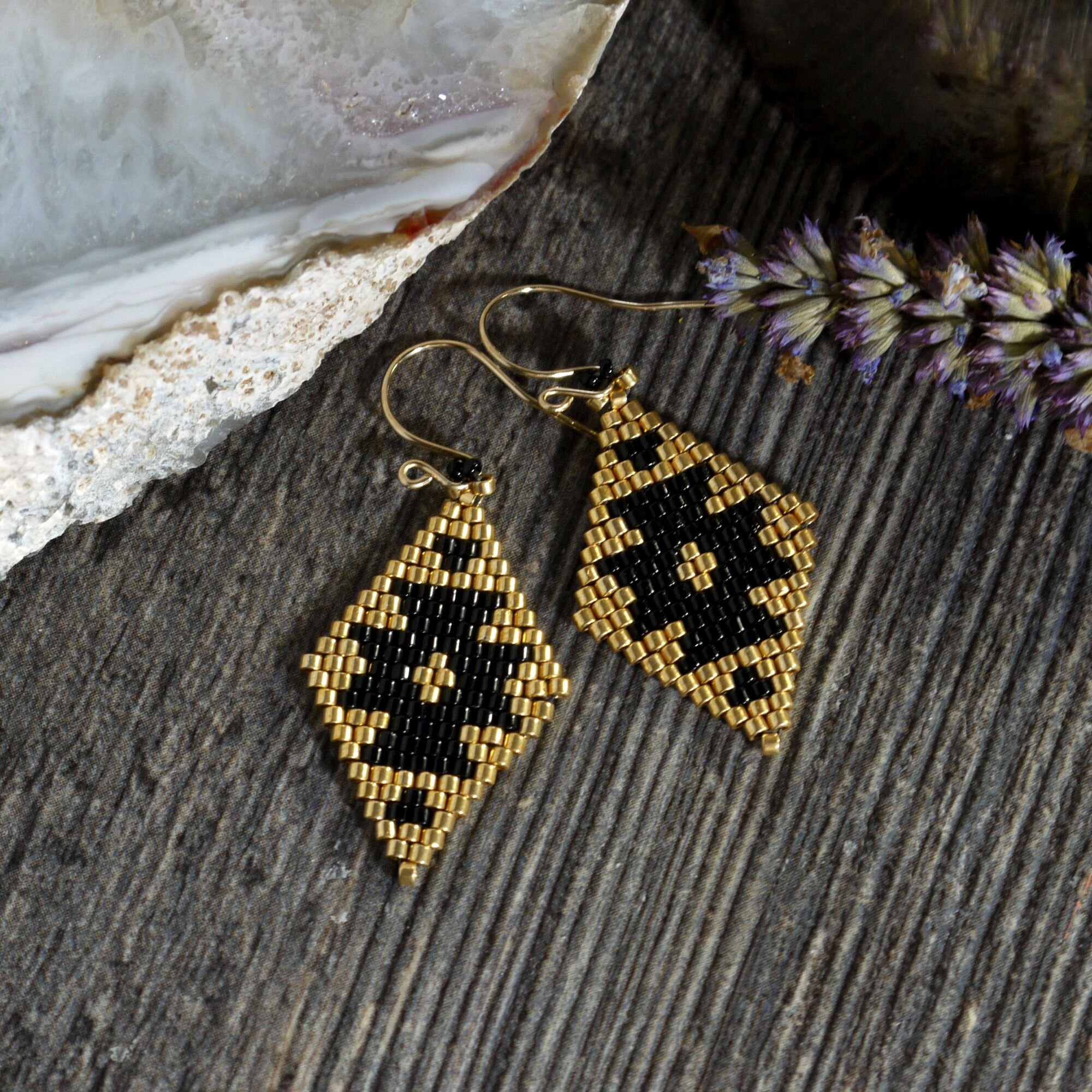 gold and white beaded stud Black seed bead jewelry