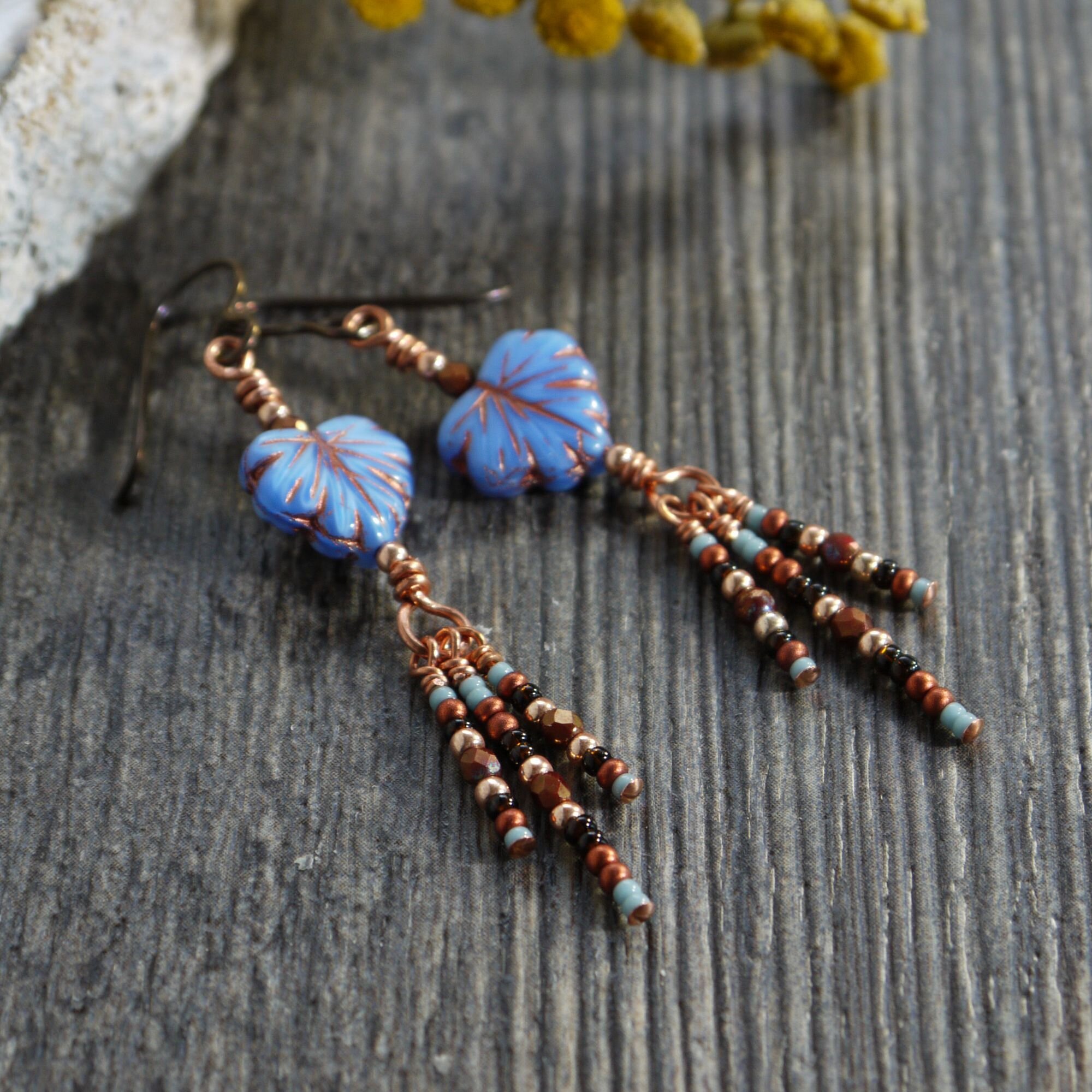 Blue Glass Leaf Copper Boho Dangle Earrings with Niobium Ear Wires