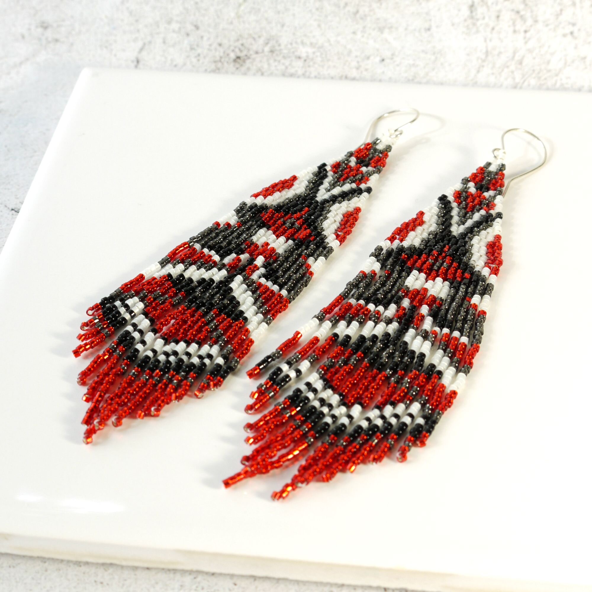 Red and Black Beaded Seed Bead Fringe Boho Earrings