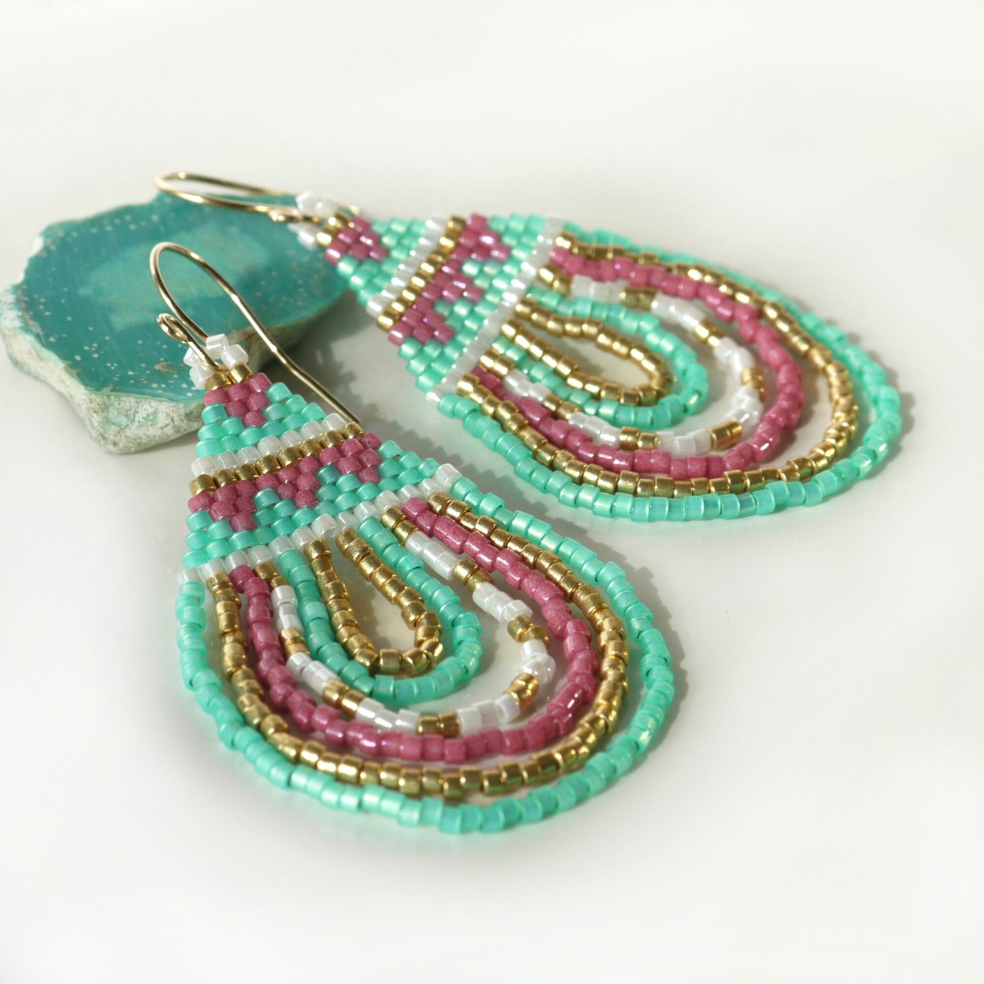 Mint, Pink, and Gold Beaded Boho Glass Teardrop Earrings