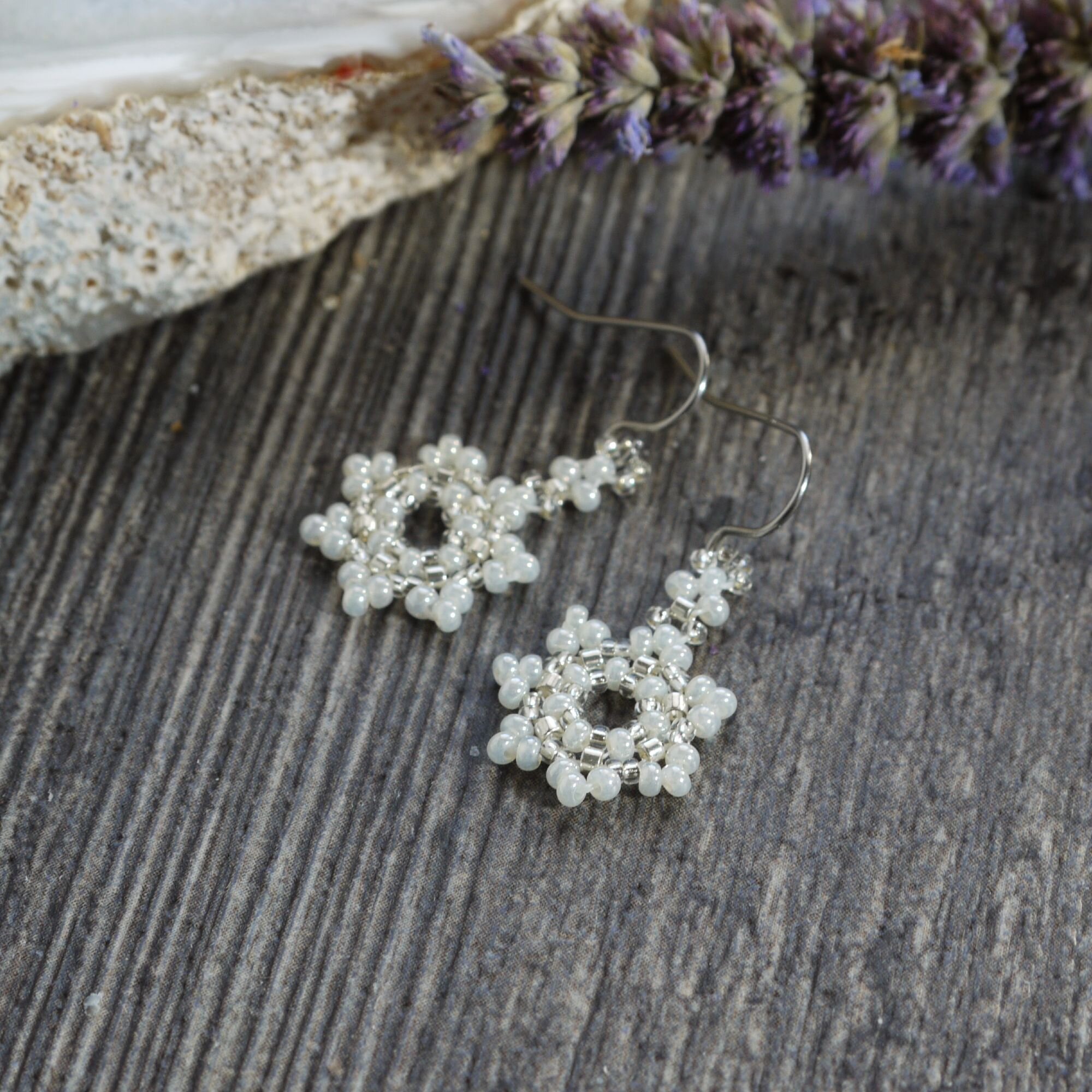 Handmade Seed Bead Earrings White snowflakes