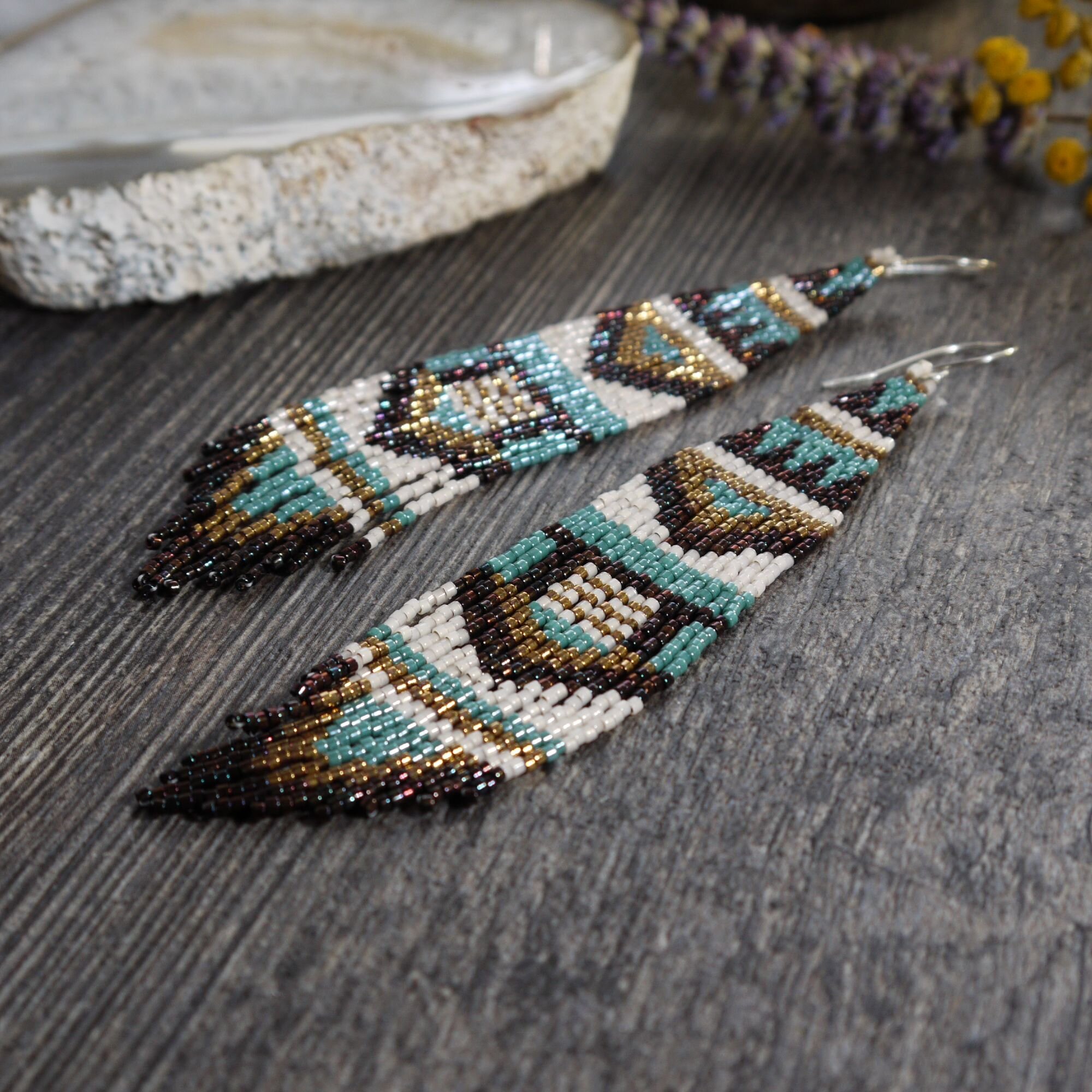 Bronze and Aqua Blue Boho Seed Bead Fringe Earrings - Iris Elm Jewelry & Soap