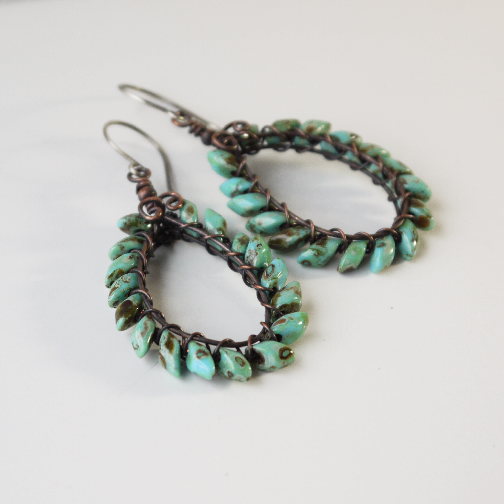 Copper Wire Wrapped Turquoise Glass Teardrop Boho Earrings