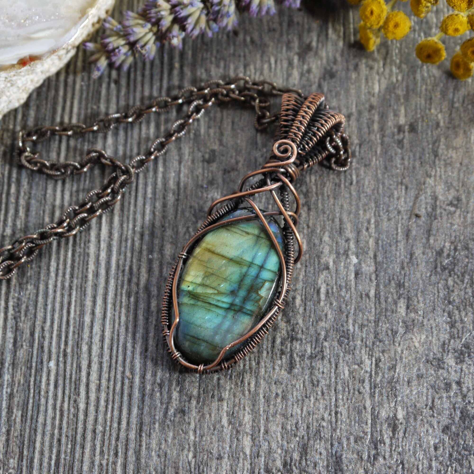 Elven Labradorite Copper Wire Woven Pendant Necklace