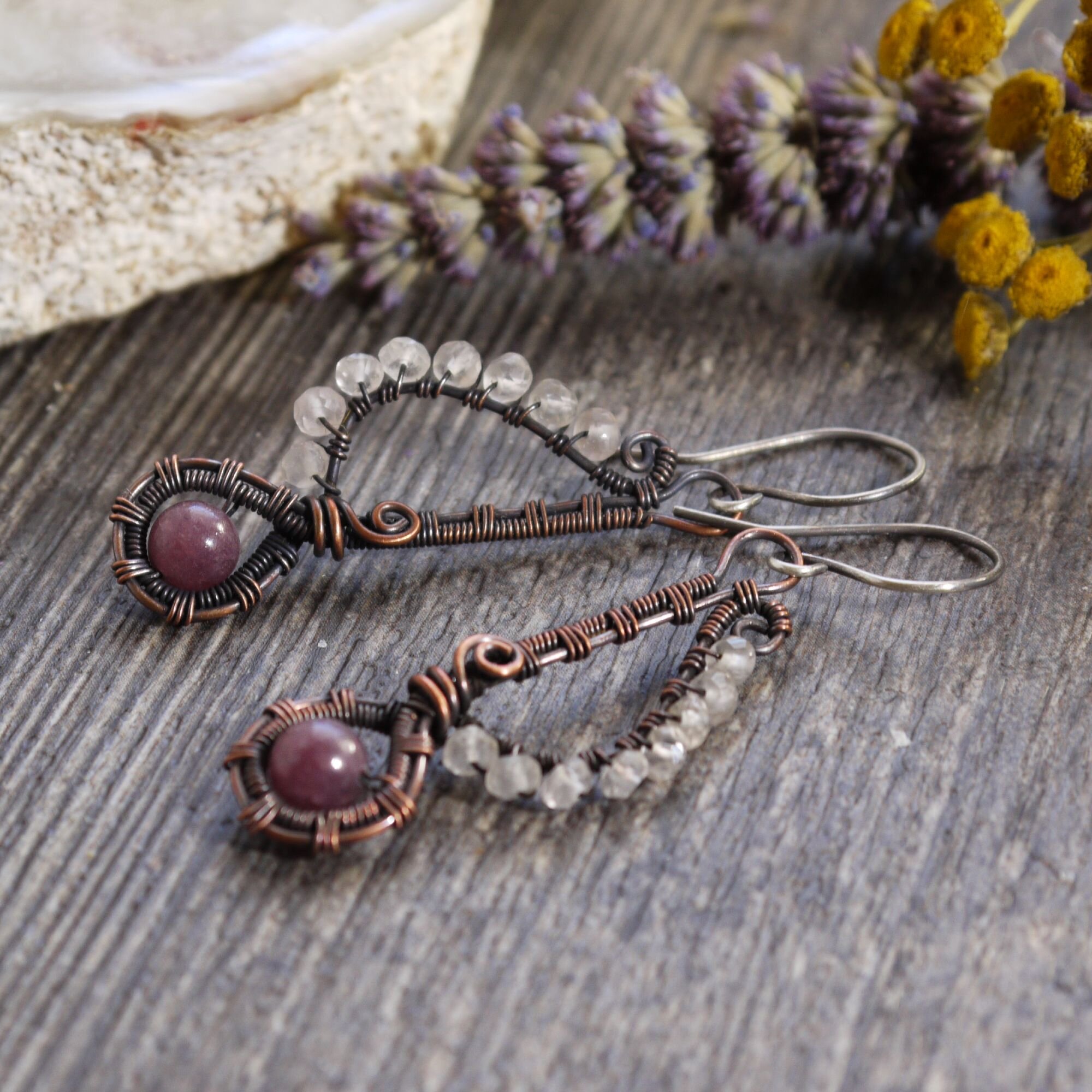 Pink Lepidolite and Rose Quartz Copper Wire Wrapped Earrings