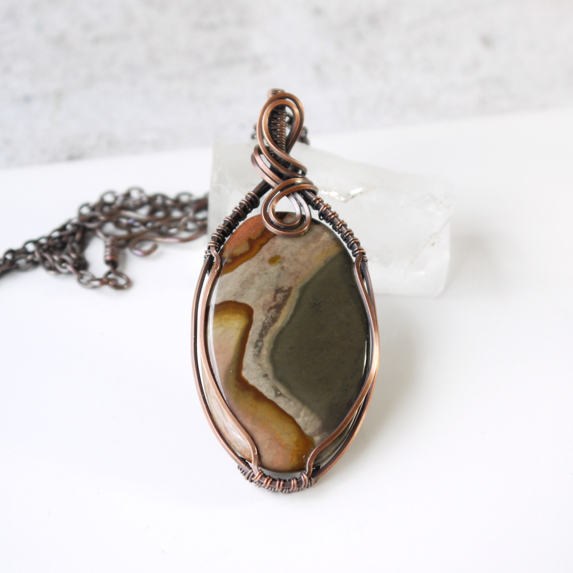 Polychrome Desert Impression Jasper Oval Copper Wire Wrapped Necklace