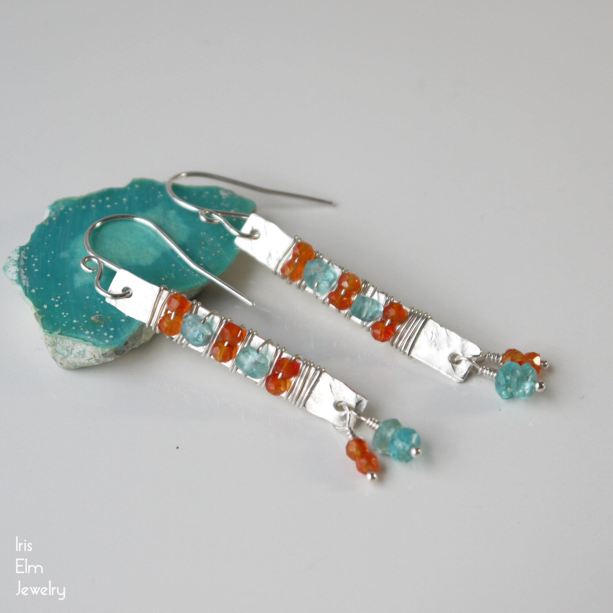 Blue Apatite and Orange Carnelian Sterling Silver Metalwork Earrings