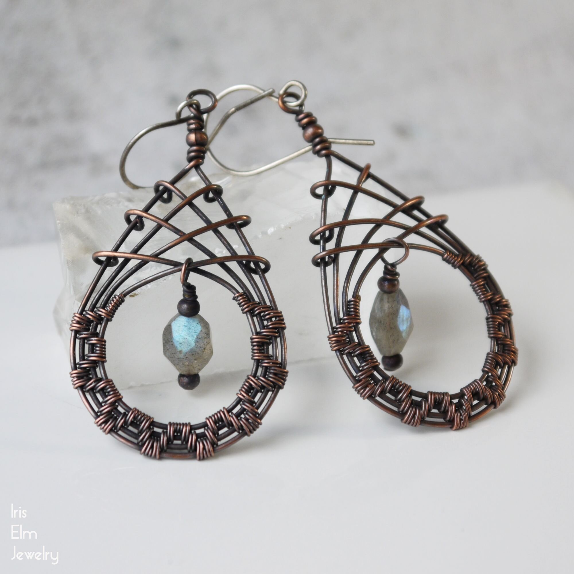 Labradorite Stone Copper Wire Wrapped Boho Dangle Earrings
