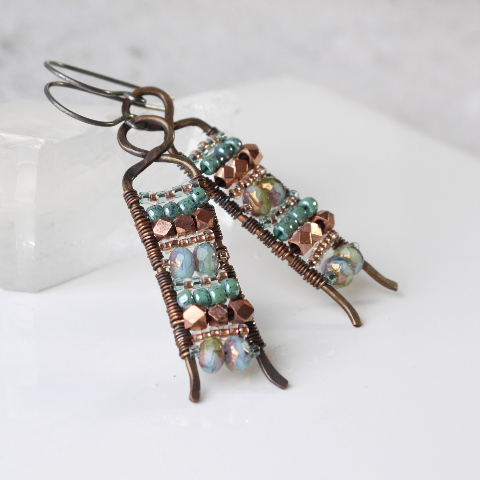 Copper Metal and Aqua Blue Glass Wire Wrap Boho Earrings