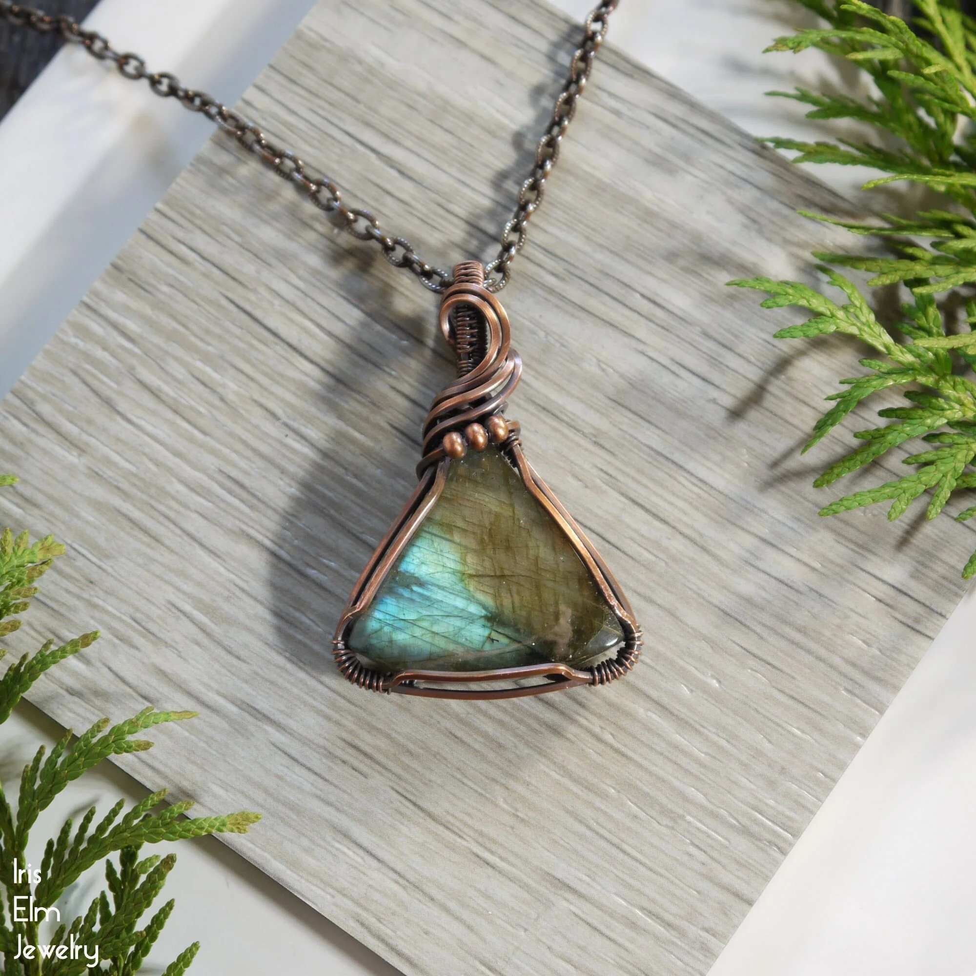 Triangle Labradorite Gemstone Copper Wire Pendant Necklace