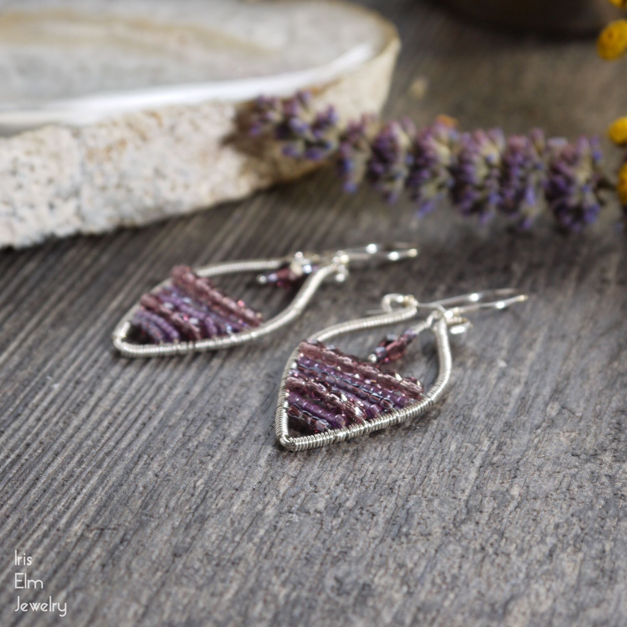 Bohemian Purple Glass Sterling Silver Wire Wrapped Earrings
