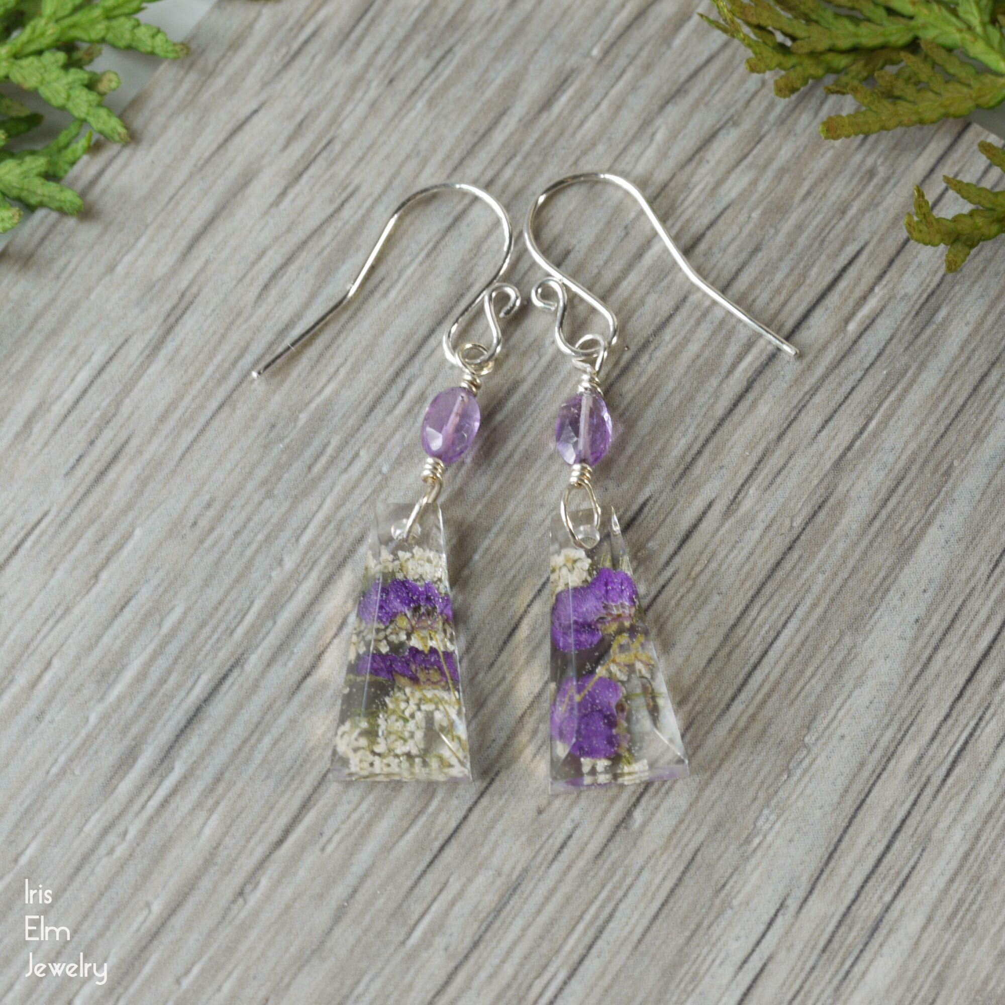 Purple Alyssum Real Flowers and Amethyst Dangle Earrings