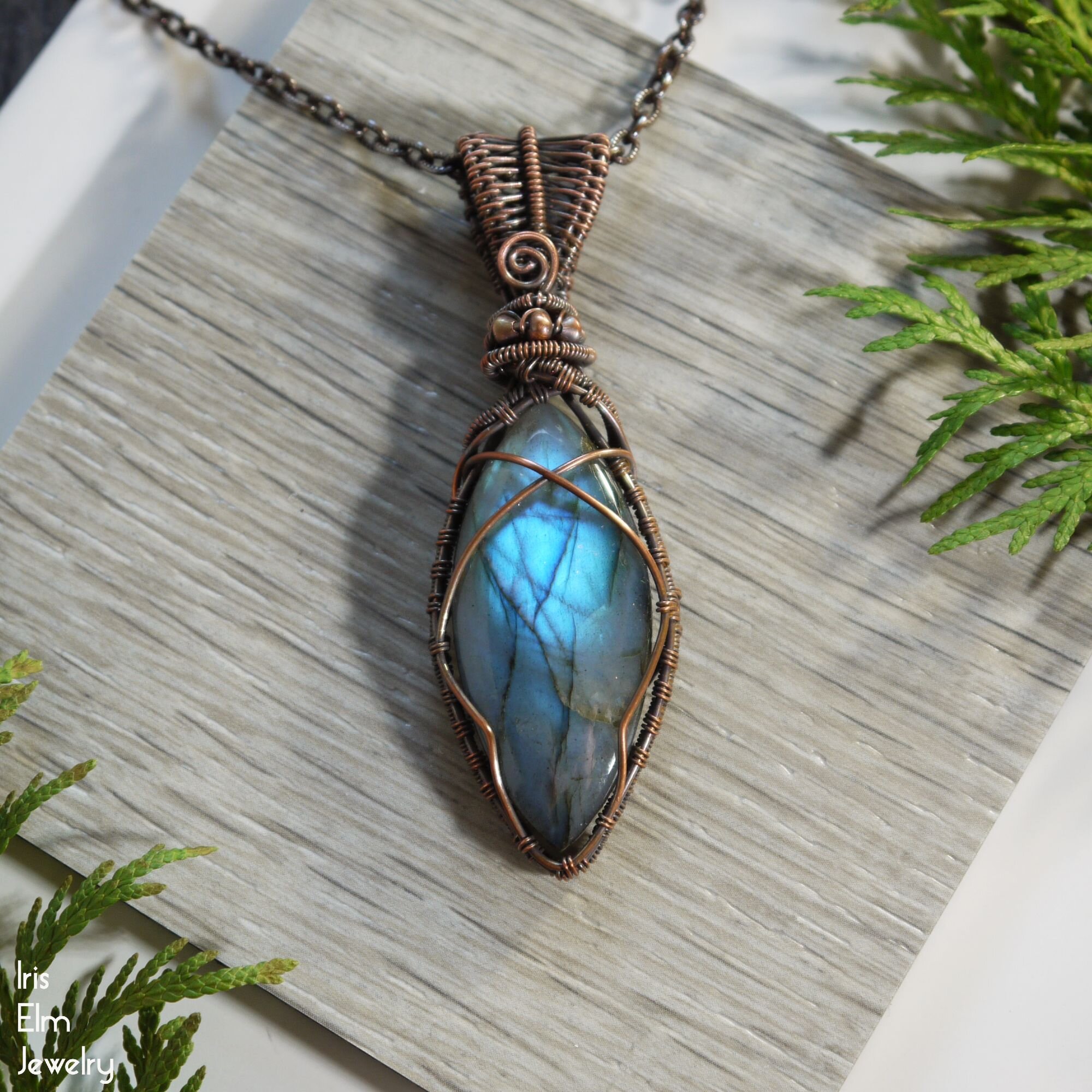 Marquise Labradorite Elven Wire Woven Copper Pendant Necklace