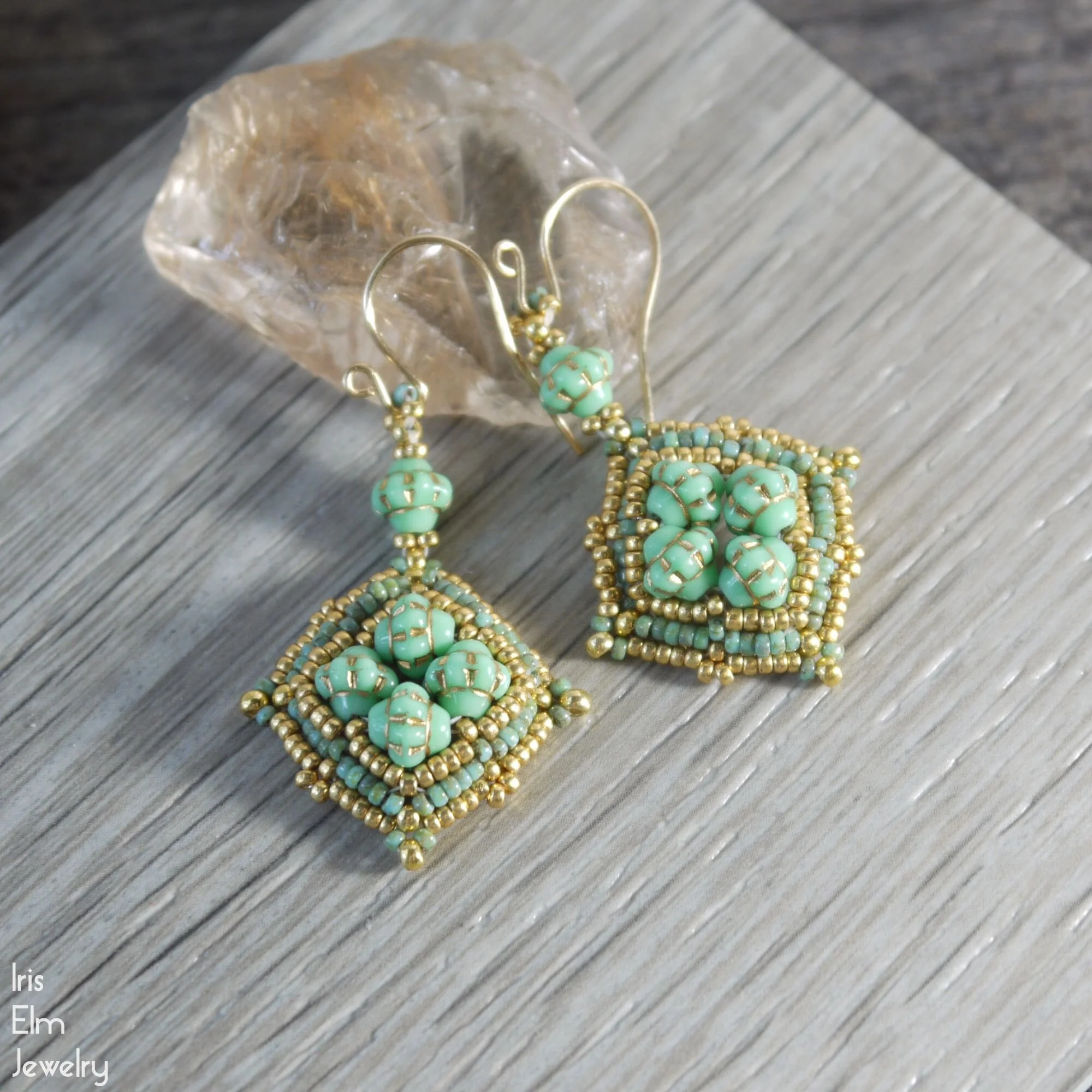Turquoise and Gold Glass Beadwork Dangle Earrings