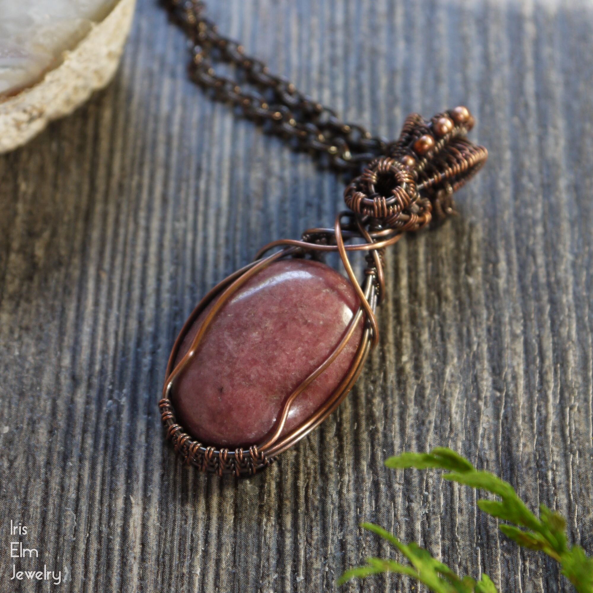 Oval Pink Rhodonite Stone Copper Wire Woven Necklace