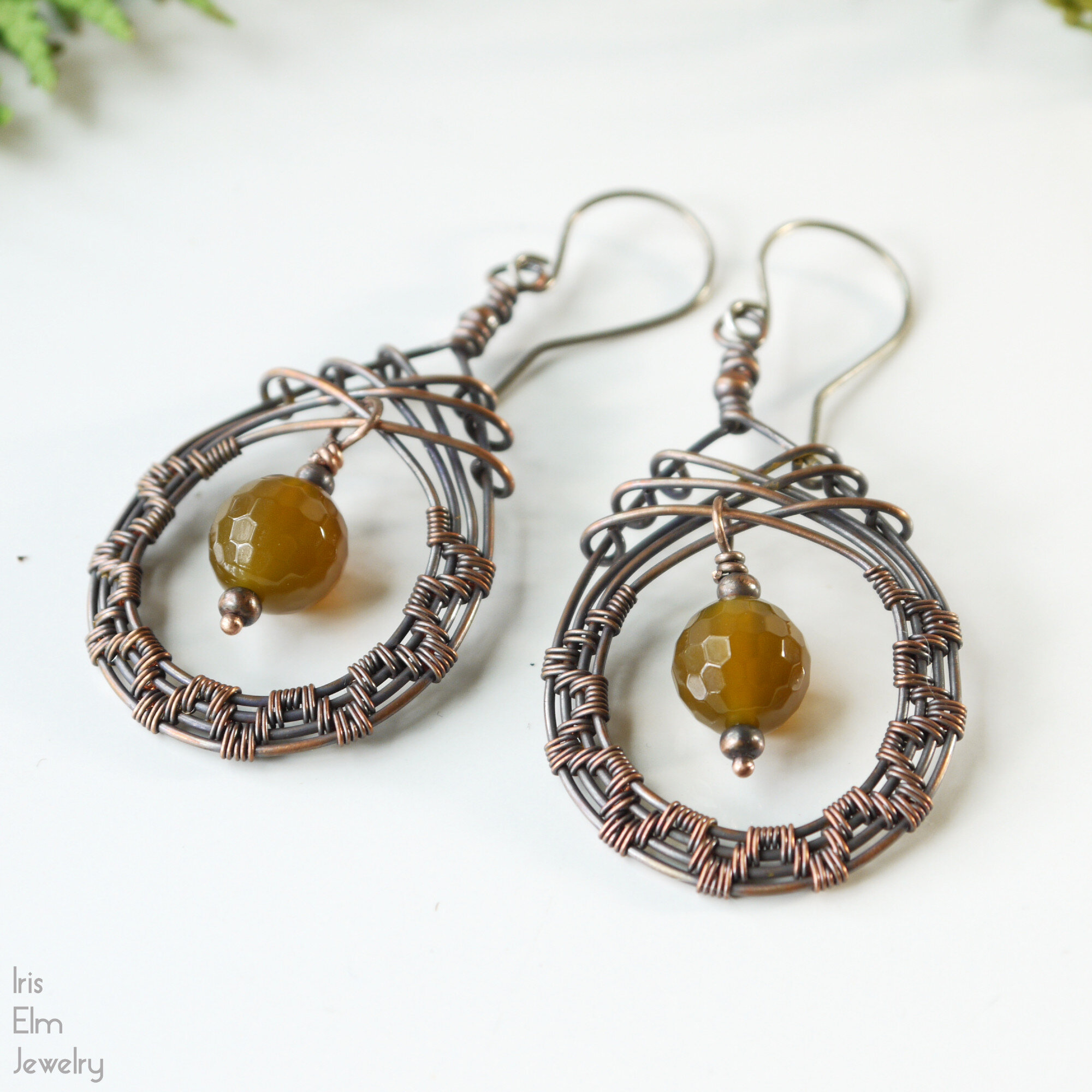 Faceted Yellow Agate Boho Copper Wire Woven Earrings