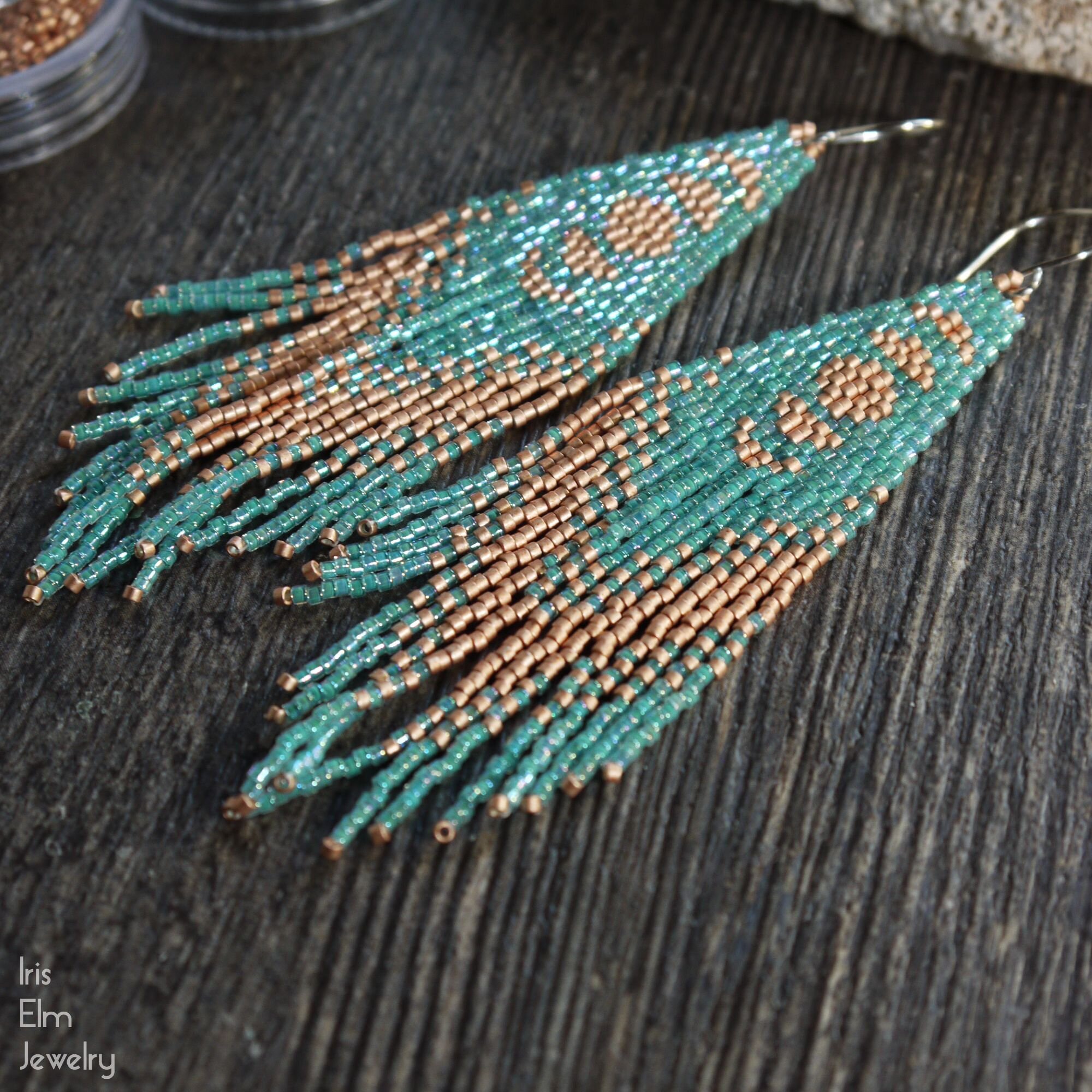 Moon Phase Aqua Seed Bead Fringe Earrings