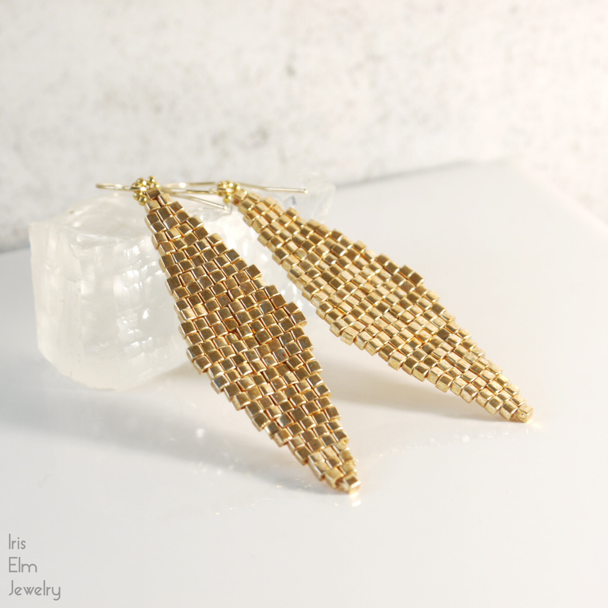 Metallic Gold Glass Diamond Beaded Dangle Earrings