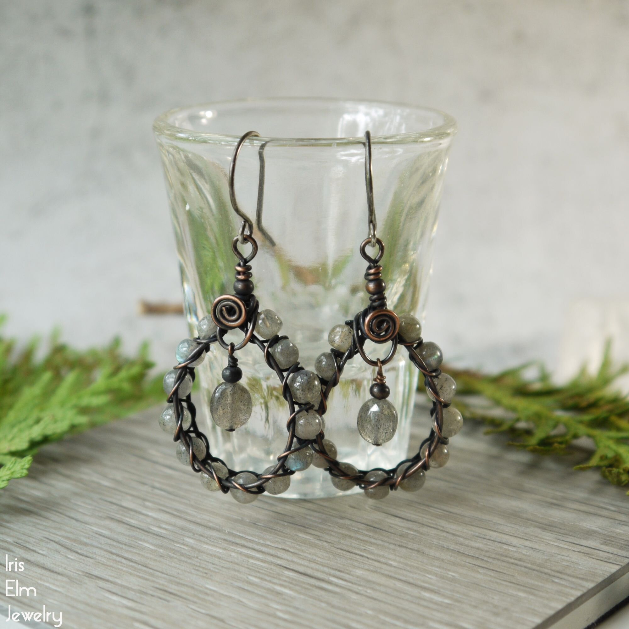 Beaded Wire Wrapped Labradorite Earrings