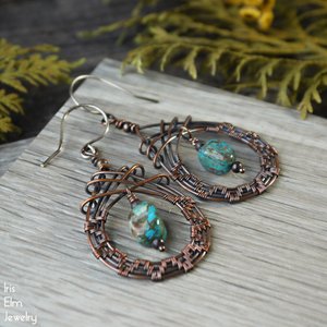Blue Chalcedony Copper Wire Woven Teardrop Earrings - Iris Elm