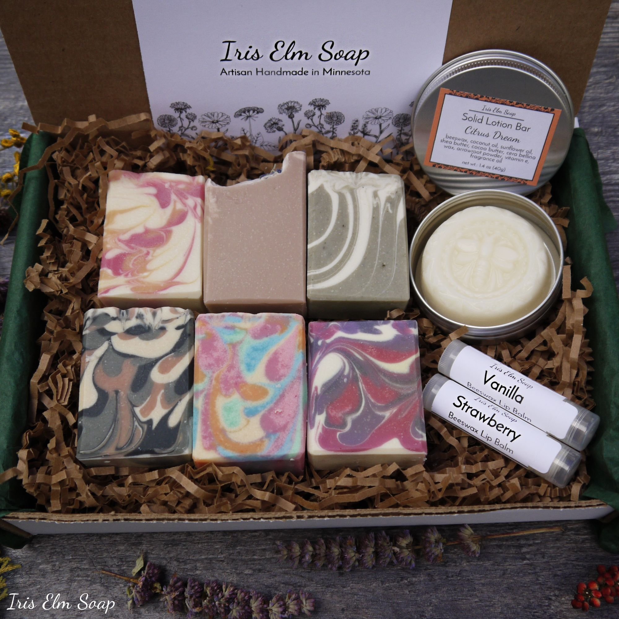 Soap Variety Gift Box Set of 6 Half Size Bars, Beeswax Lotion Bar, and 2 Lip Balms