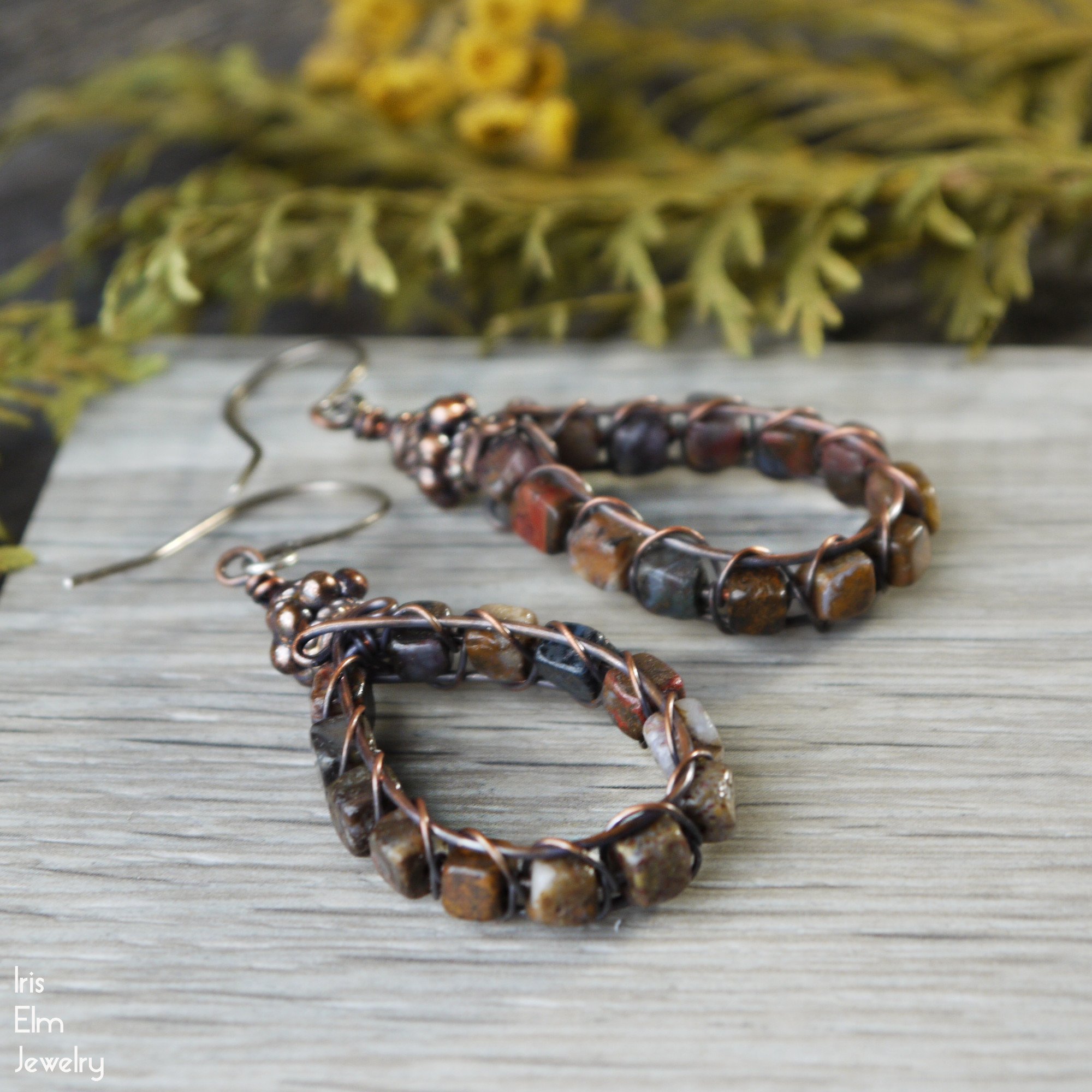 Brown Pietersite Copper Wire Teardrop Earrings