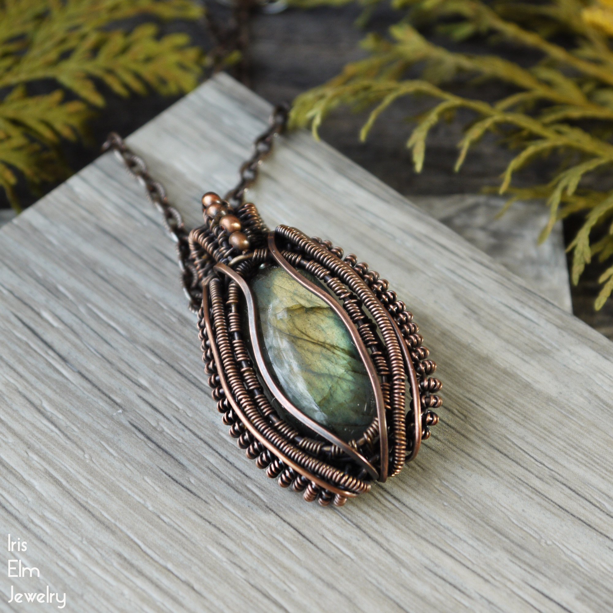 Bohemian Labradorite Copper Coiled Wire Wrapped Pendant Necklace