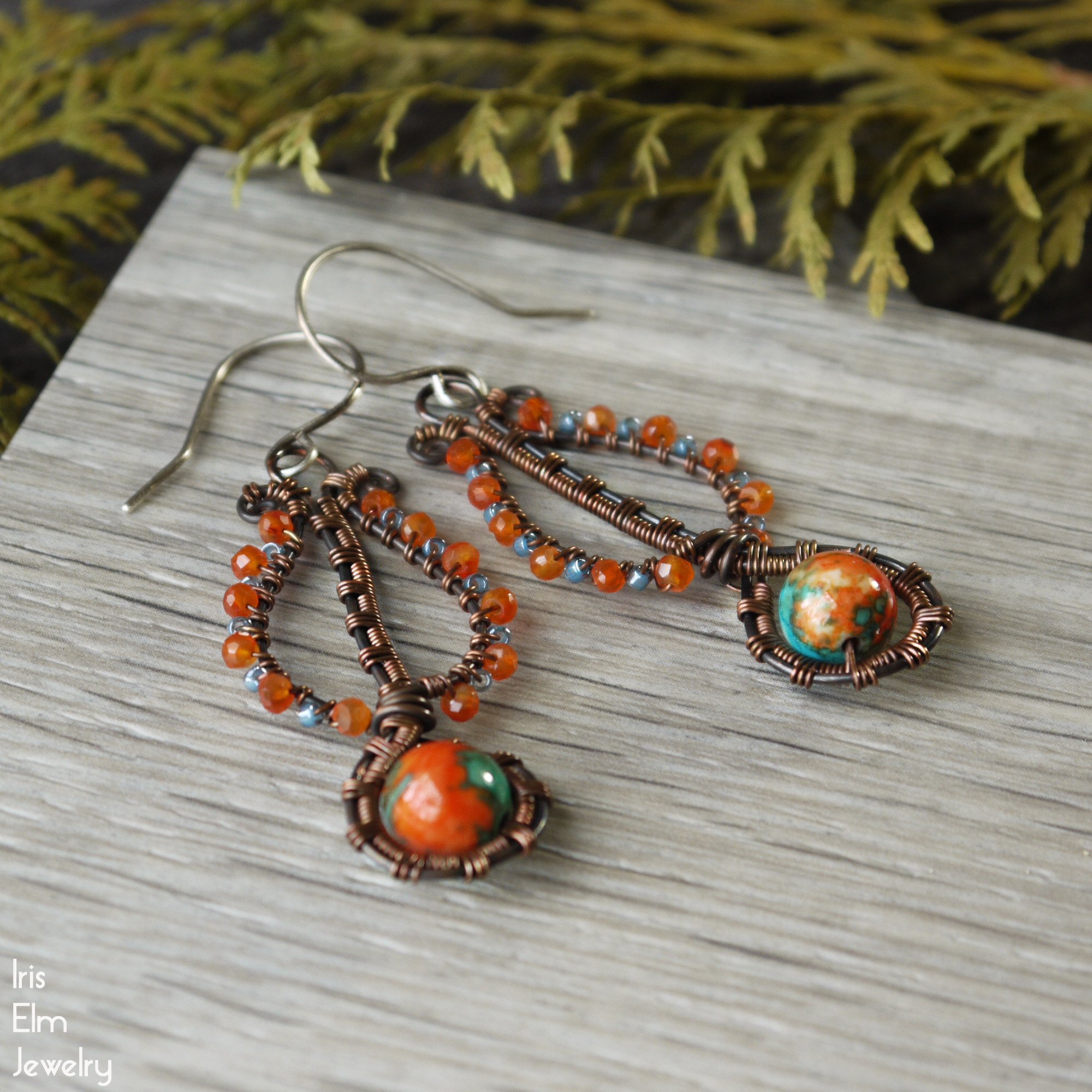Wire Wrapped Natural Gemstone Handmade Jewelry for Women Rose Gold Autumn Jasper Drop Earrings
