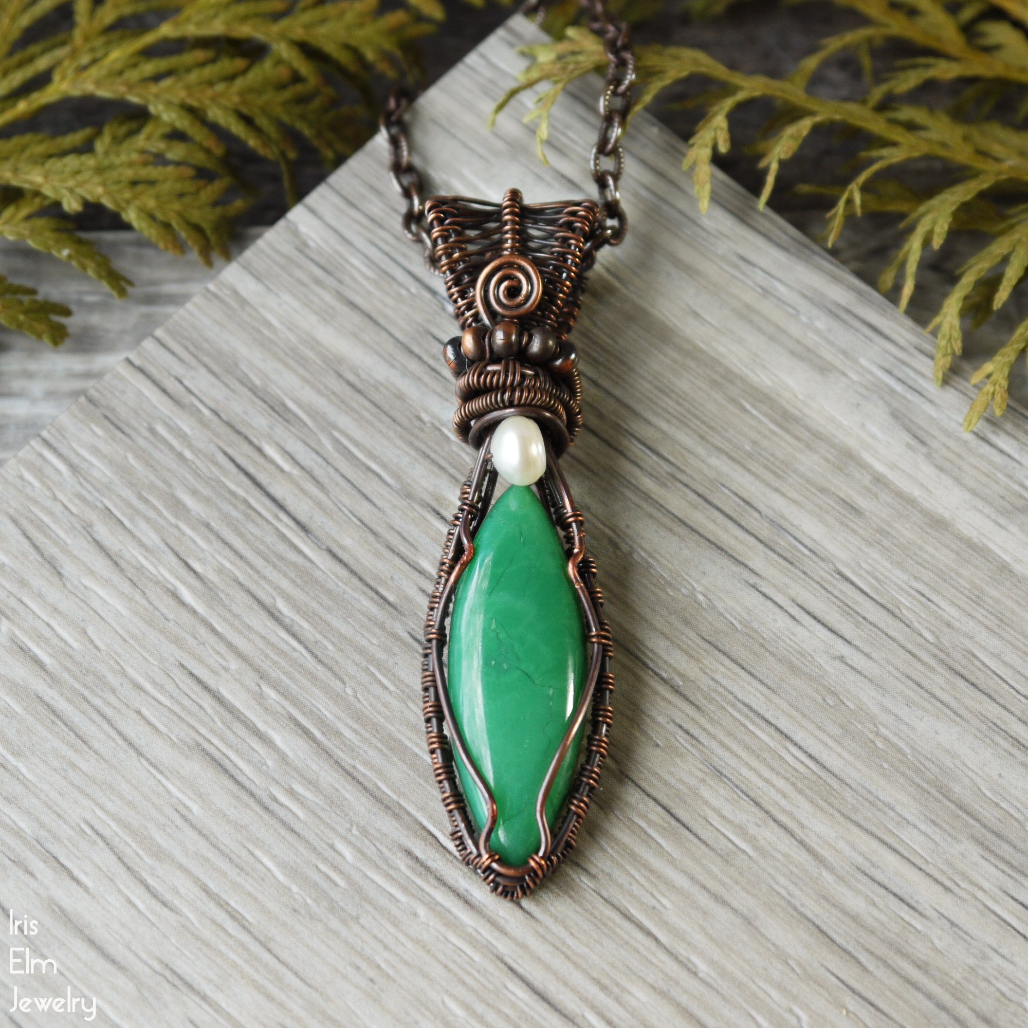 Green Chrysoprase and Freshwater Pearl Copper Wire Wrapped Pendant Necklace