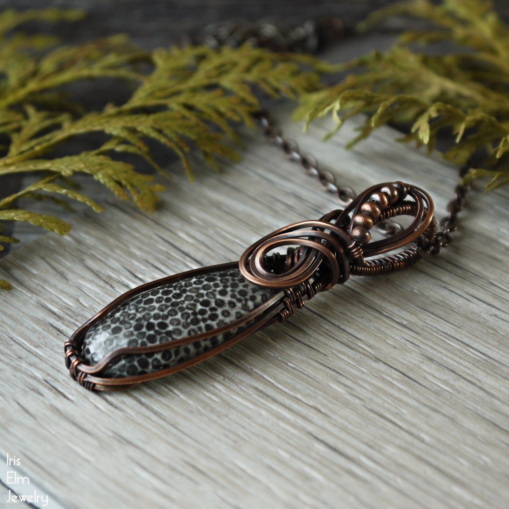 Black Fossil Coral Teardrop Copper Wire Wrapped Pendant Necklace