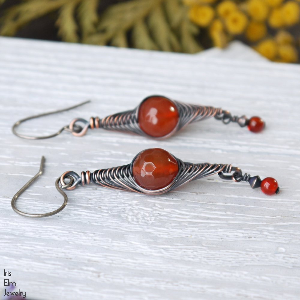 Red Agate Copper Wire Wrapped Herringbone Earrings - Iris Elm